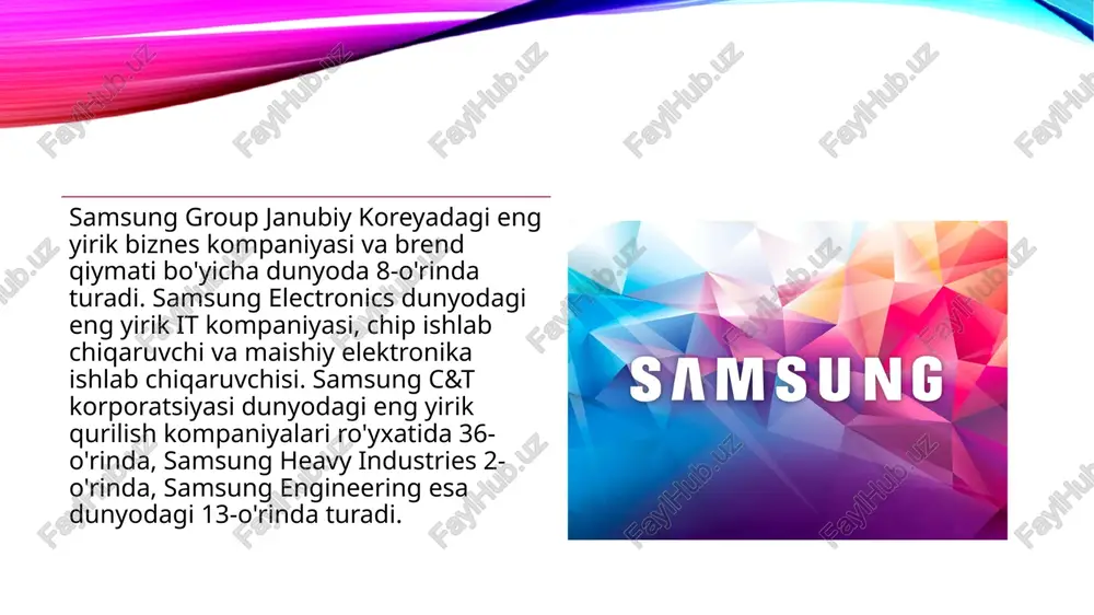 ini ilgari surish uchun onlayn reklama marketing kampaniyalari orqali audio-vizual reklamalardan foydalangan . samsung kompaniyasining marketing mikslaridagi sotuvlarni rag'batlantirish samsung kompaniyasining marketing mikslaridagi sotuvlar rag'batlantirish , chegirmalar, takliflar va yakuniy mijozlar bilan muvaffaqiyatli hamkorlik qilish uchun reklama tadbirlarini o'z ichiga oladi. foydalanilgan adabiyotlar "dunyoning eng qimmat brendlari 2020" . forbes . 18-oktabr, 2020-yil. asl nusxadan arxivlangan, 2020-yil 18-oktabr. "samsung intelni ag'darib tashladi va dunyodagi eng yirik chip ishlab chiqaruvchisi - techcrunch" . techcrunch.com . 2018-yil 25-mayda asl nusxadan arxivlangan . 2018- yil 25-mayda olindi . mu-xyun, cho. "samsungning mantiqiy chip biznesi omadni o'zgartirish uchun ai chiplari va 5gga aylanadi | zdnet" . zdnet . 2018-yil 3-iyulda asl nusxadan arxivlangan . 2018- yil 25-mayda olindi . park, kyunghee (2009 yil 28 iyul). "samsung heavy aktsiyalari shell platformasi buyurtmalari bo'yicha daromad oldi (yangilanish1)" . bloomberg. 2011 yil 24 sentyabrda asl nusxadan arxivlangan . 2010 yil 11 noyabrda olingan . image2.png image3.jpeg image4.png …