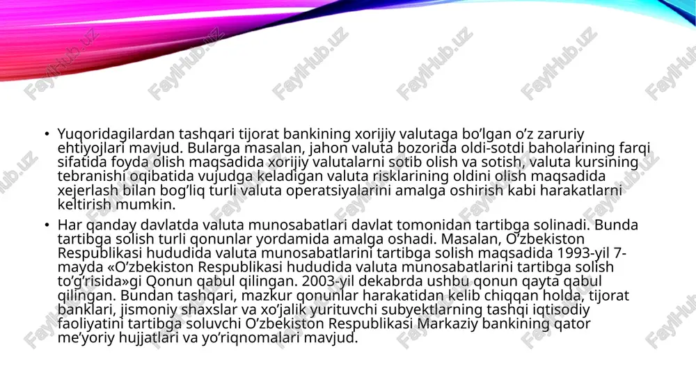 bog’liq iqtisodiy munosabatlar yig’indisidir. valuta tizimini valuta, valuta munosabatlari, valuta munosabatlarini amalga oshiruvchi va ularni tartibga soluvchi hamda muvofiqlashtiruvchi organlar yig’indisi sifatida ham tasavvur qilish mumkin. valuta tizimining mohiyati, tashkil etilish shakllari va o’rni jamiyat iqtisodiy tizimi bilan belgilanadi. valuta qonunchiligi – mamlakat ichki valuta qiymatliklari bilan, bir mamlakat tashkilotlari va fuqarolari hamda boshqa mamlakat tashkilotlari va fuqarolari o’rtasidagi shartnomalarni hamda mamlakat ichkarisidan xorijga va xorijdan mamlakat ichkarisiga milliy va xorijiy valutalar hamda boshqa valuta qiymatliklarini olib kirish, olib chiqish, o’tkazish yo’li bilan amalga oshirilishini tartibga soluvchi qonuniy me’yorlar yig’indisidir. valuta tizimi davlatlararo bitim yoki milliy qonunlarga muvofiq valuta munosabatlarini tashkil qilish va boshqarish shakllarini o’z ichiga oladi. valuta tizimining quyidagi shakllari farqlanadi: milliy, jahon va hududiy valuta tizimlari. milliy valuta tizimi mamlakat pul tizimining tarkibiy qismi bo’lib, valuta munosabatlarining yig’indisi sifatida maydonga chiqmaydi, balki ushbu munosabatlarning faqat qonunchilik hujjatlari bilan tashkil etilish tartibini belgilaydi. valuta munosabatlarini tashkil etishning bunday …