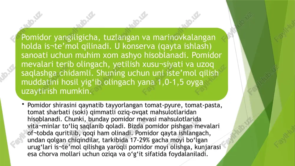 sobida beriladi. ko‘chat yetishtirish. rayonlashtirilgan navlarning tozaligi 98%, unuvchanligi 85% dan kam bo‘lmagan 1-klass urug‘lari ekiladi. bunday urug‘larining 350-400 gramm bir gektariga ko‘chat olish uchun yetarli. urug‘lar ekisholdi suvda yoki 0.01-0,05% li o‘stiruvchi stimulyator¬lar, mikroelementlar eritmasida 10-12 soat davomida ivitiladi, so‘ngra tmtd yoki boshqa shunga o‘xshash fungitsidlar bilan ishlanadi (1 gramm uruqqa 4-8 gramm preparat). shunday tayyorlangan urug‘lar iliq yoki yarim iliq parnik yoki ko‘chatxonalarga fevral oyi boshida 0,5-1,0 sm chuqurlikda ekiladi. maysalar ko‘rinishgacha harorat 20-25°, ko‘kargach 10-15° da saqlangani ma’qul. ko‘chatlar zarur bo‘lsa siyraklashtiriladi. o‘suv davrida oziqlantirish, sug‘orish, be¬gona o‘tlardan tozalanadi. 60-70 kundan so‘ng 6-8 chinbarg chiqargach, aprel oyida dalaga o‘tqazish uchun tayyor bo‘ladi. yerni ekishga tayyorlash kuzda pn-4-35, pya-3-35, pd-4-35 mar¬kali pluglar t-4a traktoriga taqilib tuproq 28-30 sm chuqurlikda shudgorlanadi. bahorda chku-4-1 chizel-kultivatorlarda 10-12 sm chuqurlikda va bets-0,1 markali boronalar yordamida (5-6 sm da) ish¬lanadi. zarur bo‘lsa kzu-0,3 markali planirovshik bilan yer tekisla¬nadi. so‘ngra ko‘chat o‘tqazish uchun jo‘yaklar …