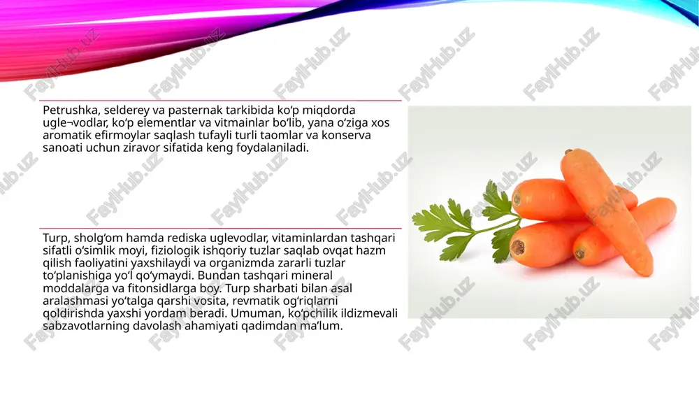 rda begona o‘tlar juda ko‘p bo‘ladi. o‘zbekistonda ildizmevali sabzovot ekinlarni yozda ertagi sabzo¬vot va kuzgi g‘alla-don ekinlardan bo‘shagan yerlarga ekish maqsadga muvofiqdir. o‘g‘itlash. ildizmevali sabzavotlar oziq moddalarga unchalik ta¬labchan emas. shuning uchun o‘rtacha o‘g‘itlash normasi bo‘z tuproqlarda n120-150 r80-100k40-50, o‘tloq tuproqlarda n80-100 r80-100k40-50 kilogramm ta’sir etuvchi modda hisobida beriladi. kaliy 100 foiz, fosfor 70-75 foizi haydashda, qolgan 25-30 % fosfor ekishda, azot esa 2 oziqlantirishda birinchi marta 2-3 chinbarg chiqarganda, ikkinchi marta ildizmeva hosil bo‘layotganda beriladi. yerni ekishga tayyorlash. kuzda pn-4-35 pluglari bilan tuproq 30-35 sm chuqurlikda shudgorlanadi. ekisholdi yer tekis, yumshoq va kesaklar maydalangan bo‘lishi uchun boronalanadi va molalanadi. ekish muddati, usullari va normalari. o‘zbekistonda ildiz¬mevali sabzavotlar 3 muddatda ekiladi: erta bahorda fevral oxiri mart oyining boshlarida (sabzi, lavlagi), yozda 15 iyundan 15 iyulgacha (sabzi, lavlagi), turp va sholg‘om esa iyul oxiri avgust boshida, qish oldidan 15 noyabrdan 10 dekabrgacha (sabzining yevropadan keltiril¬gan navlari, lavlagi). ildizmevalilar qatorlab-qator orasi 60 …