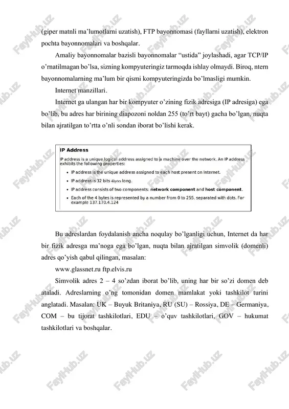 i va marshrutlari bilan etadi. shuning uchun ma’lumot taqdiri ma’lum darajada tarmoqning ayrim qismlaridagi buzilishlarga bog’liq emas. zaruriyat tug’ilganda esa paket aylanma yo’llar orqali manziliga etkazilishi mumkin. nixoyat, tsr – adresat moduli kelib tushgan paketlarni yig’ib, xizmat ma’lumotlaridan foydalangan xolda ularni dastlabki xolatga birlashtiradi. yuqorida aytib o’tilgan jarayonlar elektron tezlik (300000 km /c) bilan sodir bo’ladi. biroq ma’lumotlarni manzilga etkazishi bir necha sekunddan bir nechtagacha cho’zilishi mumkin. sababi shundaki, kompyuterlarning bir biri bilan almashinuvchi ma’lumot uzunligi bir necha yuz baytdan bir necha megabaytgacha o’zgaradi. bir paketning uzunligi odatda 1500 baytdan oshmaydi. bir vaqtning o’zida aloqa kanallari orqali bir biri bilan navbatma – navbat almashib 100 millionlab paket harakat qiladi. ma’lumotlarni uzatish vaqti esa hamma foydalanuvchilar o’rtasida teng taqsimlanadi. bir vaqtning o’zida qanchalik ko’p foydalanuvchi tarmoqda ishlasa, ma’lumotlar shunchalik sekin o’z manziliga etkaziladi. internet ning asosiy xizmat turlari. bu erda biz tarmoqda faoliyat ko’rsatuvchi asosiy xizmat turlariga qisqacha tavsif berib o’tamiz. …