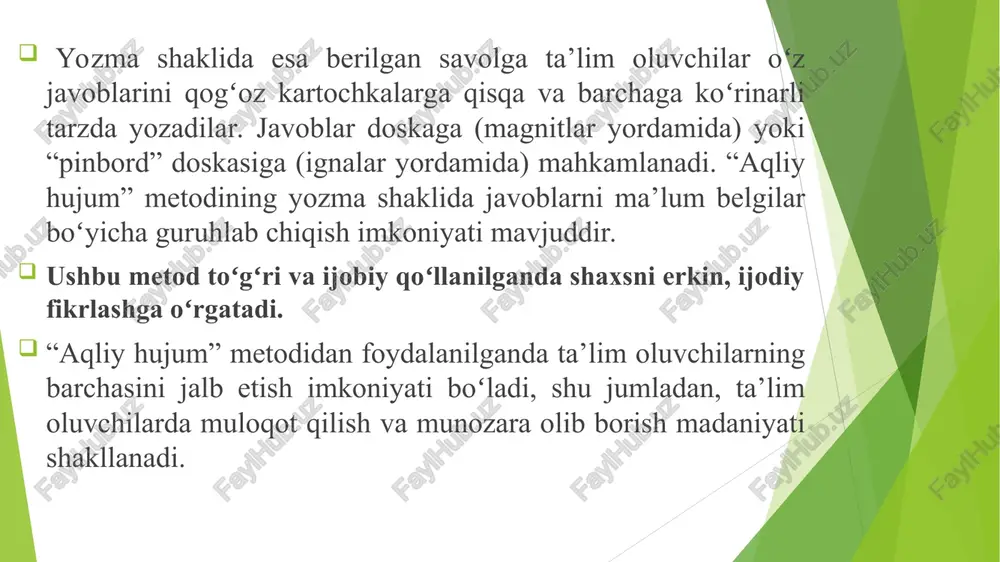 i. ushbu usul guruhlarga yangi g‘oyalarni o‘ylash qiyin bo‘lganda juda keng tarqalgan. biroq, bu, ayniqsa, guruhning maqsadi ism yoki shior haqida o‘ylash kerak bo‘lgan vaziyatlarga mos keladi. abcning aqliy hujumi xavfi shundaki, ishtirokchilar harflarga haddan tashqari e‘tibor berishadi va shuning uchun ularning ijodiy fikrlashlari cheklangan. axir “e” harfi bilan boshlanadigan “y” dan ko'ra ko‘proq so‘zlar va g‘oyalar mavjud, ammo ularning har biri uchun faqat bitta fikr kerak. shuning uchun abc aqliy hujumi sizning ishtirokchilaringizning fikrlash jarayonini sezilarli darajada cheklaydi, bu esa “aqliy hujum” atamasi orqasida yashiringan, filtrlanmagan, xom g‘oyalar maqsadiga ziddir. umuman aytganda, aqliy hujumga bag‘ishlangan qoidalar qancha ko‘p qo‘llanilsa, asl g‘oyalarni yaratish imkoniyati shunchalik kam bo‘ladi. elektron aqliy hujum (electronic brainstorming) raqamli yo‘naltirilgan miya hujumi dasturiy ta‘minot yoki shunga o‘xshash muqobil platformalar bilan birgalikda eng yaxshi darajada ishlaydi. bunday dasturlar o‘z hamkasblarini birlashtirib, o‘zlarining g‘oyalarini qisqa postlar shaklida tezkor so‘rovlarga imkon beradi. qisqa vaqt ichida muddatlarni belgilashda ishchilar o‘z-o‘zidan …