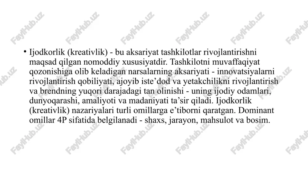 zarur. ba’zi odamlar, albatta, ushbu qobiliyatlar bilan tug’ilishgan bo’lishsa-da, ushbu ijodiy amaliyotlardan bir nechtasini kundalik hayotingizga qo’shib qo’yish sizning to’liq ijodiy salohiyatingizga erishishda yordam berishi mumkin. kreativ shaxs xislatlari ijodkor (kreativ) shaxs quyidagi bir qator muhim qobiliyat (xislat)larga ega bo’lishi kerak: 1. ijodkor odamlar energetik, ammo diqqati aniq biror maqsadga qaratilgan ijodkorlar jismoniy va aqliy jihatdan katta kuchga ega. ular o’zlarining e’tiborini jalb qiladigan biron bir narsa ustida ishlash uchun soatlab vaqt sarflashlari mumkin, ammo shu bilan birga g’ayratli bo’lib qolishadi. ular xayoliy va qiziquvchan va ko’p vaqtni dam olishda o’tkazadilar, jimgina o’ylab, o’zlarini qiziqtiradigan narsalar haqida mulohaza yuritadilar. 2. ijodkor odamlar aqlli, ammo ayni paytda sodda ijodkorlar aqlli bo’lishadi, ammo 2013 yildagi tadqiqotlar shuni ko’rsatdiki, iq darajasi juda yuqori bo’lishi, ijodiy yutuqlarning yuqori darajalari bilan bog’liq emas - shaxsiyat xususiyatlari ham muhimdir. lyuis termanning iqtidorli bolalarni o’rganish bo’yicha tadqiqotida, masalan, iq darajasi yuqori bo’lgan bolalar umuman hayotda yaxshiroq ishlashlarini …