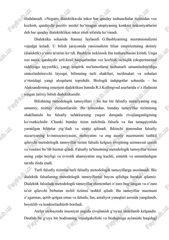 ntlaridir. bir tomondan, bunday tamoyillar tizimining shakllanishi bu falsafiy tafakkurning yuqori darajada rivojlanganligining ko‘rsatkichidir. chunki bunday tizim tarkibida falsafa va fan taraqqiyotida yaratilgan bilimlar yig‘iladi va sintez qilinadi. ikkinchi tomondan falsafiy nazariyaning kvintessensiyasini, mohiyatini va eng asosiy mazmunini tashkil qiluvchi metodologik tamoyillar tizimi falsafa kelgusi rivojining sermaxsul quroli va vositasi bo‘lib hizmat qiladi. falsafiy ta'limotning metodologik tamoyillar tizimi uning yalpi boyligi va evristik ahamiyatini eng kuchli, sintetik va umumlashgan tarzda ifoda etadi. turli falsafiy tizimlar turli falsafiy metodologik tamoyillarga asoslanadi. biz dialektik falsafaning metodologik tamoyillarini bayon qilishga harakat qilamiz. dialektik falsafada metodologik tamoyillar elementlari o‘zaro bog‘langan va o‘zaro ta'sir qiluvchi birbutun izchil tizimni tashkil qiladi. bu tamoyillar mazmuni o‘zgarmas, qotib qolgan emas va falsafa, fan, amaliyot yutuqlari asosida yangilanib, boyitilib va konkretlashtirib boriladi. asrlar mobaynida insoniyat ongida rivojlanish g‘oyasi shakllanib kelgandir. dastlab bu g‘oya bir hodisaning vujudgakelishi va boshqasiga aylanishi haqidagi tasavvur shaklida uyg‘ongan. bunday aylanishni esa yopiq doira shaklida, …