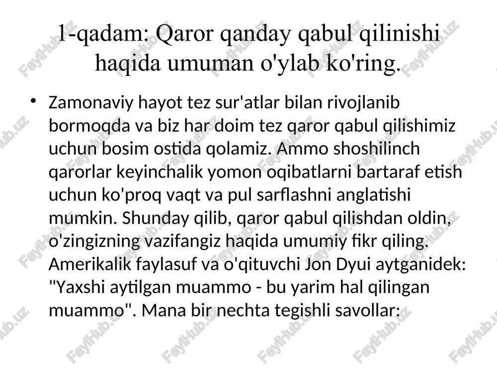 uqori ball to'plagan variantni tanlashdir. masalan, avtomobil tanlash xavfsizlik, narx, yoqilg'i tejamkorligi va dizayni kabi omillarga bog'liq bo'lishi mumkin. siz ko'rib chiqayotgan har bir avtomobil modeli uchun siz ushbu omillarning har biriga (masalan, 1 dan 5 gacha) ball qo'yishingiz mumkin: 5-qadam: kutilmagan holatlarga tayyorlaning. mashhur merfi qonunida shunday deyilgan: agar biror narsa noto'g'ri bo'lib ketishi mumkin bo'lsa. bizning eng yaxshi rejalashtirishimizga qaramay baxtsiz hodisalar ro`y beradi. proyektor oldindan yuborish paytida ishlamay qolishi mumkin. sizning printeringiz siyohni tugatishi mumkin, chunki siz favqulodda muddat tugashi kerak. yaxshi rejalashtirish sizga muammolarni taxmin qilishda va ularning qurib qolish muddatini minimallashtirishda yordam beradi. li ka shing 21 milliard aqsh dollari miqdoridagi boyligi bilan muvaffaqiyatli gonkong biznesmeni. u forbes jurnali talqiniga ko'ra 2010 yilda dunyodagi 14-boy odam edi. uning so'zlariga ko'ra, xatarlarni boshqarish uning muvaffaqiyatining hal qiluvchi qismidir va u o'z ishining 90% foizini biznesiga ta'sir qilishi mumkin bo'lgan eng yomon muammolar haqida o'ylashga sarflaydi. sizning …