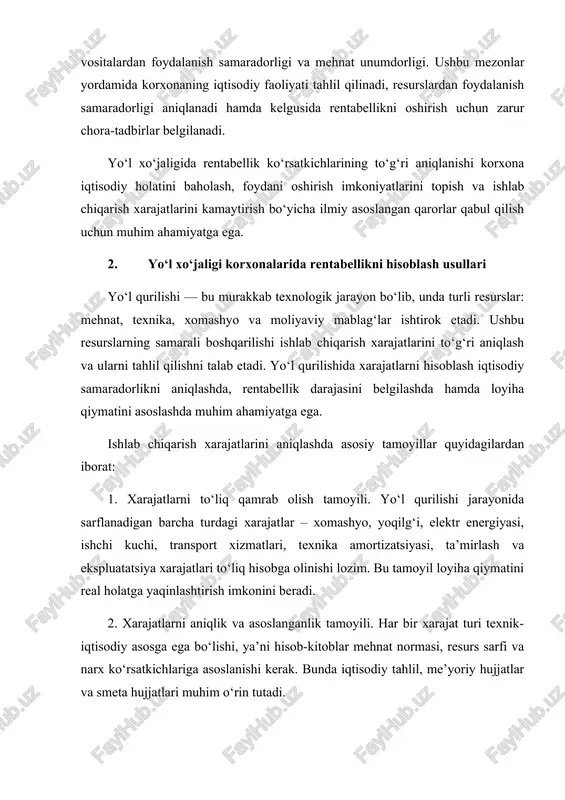 hida xarajatlar to‘g‘ridan-to‘g‘ri va bilvosita, o‘zgaruvchan va doimiy, ishlab chiqarish va noishlab chiqarish xarajatlariga ajratiladi. bu tasnif xarajatlarni tahlil qilish, nazorat qilish va kamaytirish yo‘llarini aniqlashda yordam beradi. 4. resurslardan samarali foydalanish tamoyili. xarajatlarni kamaytirishning eng muhim yo‘li – resurslardan oqilona va tejamkor foydalanishdir. qurilish texnologiyalarini takomillashtirish, energiya tejamkor uskunalar qo‘llash va mehnat unumdorligini oshirish orqali ishlab chiqarish xarajatlarini sezilarli darajada qisqartirish mumkin. 5. hisob-kitoblarning shaffofligi va nazorat tamoyili. har bir sarf qilingan mablag‘ aniqlik bilan hujjatlashtirilishi, moliyaviy nazorat organlari tomonidan tekshiruvdan o‘tishi zarur. bu tamoyil byudjet mablag‘laridan samarali foydalanishni va korrupsion holatlarning oldini olishni ta’minlaydi. umuman olganda, yo‘l qurilishida ishlab chiqarish xarajatlarini to‘g‘ri aniqlash tamoyillari korxonaning iqtisodiy barqarorligi, rentabellik darajasi va ishlab chiqarish samaradorligini oshirishda muhim ahamiyat kasb etadi. bu tamoyillarni amaliyotda qo‘llash yo‘l xo‘jaligi sohasida iqtisodiy resurslarning oqilona taqsimlanishini hamda foyda miqdorining ortishini ta’minlaydi. foyda va xarajatlar nisbatidan rentabellikni aniqlash usullari. yo‘l xo‘jaligi korxonalari faoliyatida rentabellikni aniqlash — …