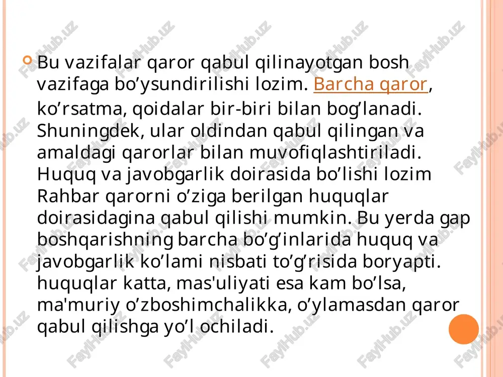 hqacha qilib aytganda, bunday qarorlar kutiladigan natijaga baho berish imkoniyati bo’lmagan hollarda tavakkal qilib qabul qilinadigan qarorlardir. tezkor (operativ) qaror kechiktirmay ijro etish uchun chiqariladi. masalan, tabiiy ofat sodir bo’lgan hollarda uni bartaraf qilish bo’yicha qabul qilingan qarorlar ana shunday qarorlar turkumiga kiradi. muntazam qarorlar belgilangan muddatlarda chiqariladi. masalan, xo’jalik faoliyati yakuniga doir qabul qilinadigan (dekada, oy, yil choragi, yarim yillik, to’qqiz oylik va yillik) qarorlar shunday qarorlarga misol bo’la oladi. qabul qilinadigan qarorlar tarkibida yakkaboshchilik va yakdillik asosida qabul qilinadigan qarorlar ham bo’ladi. ammo yakkaboshchilik asosidagi qarorlar ko’p hollarda asosli tanqidga uchrab turadi. sababi, rahbar yakkaboshchilikka asoslangan qarorni aksariyahollarda o’zini ko’rsatish maqsadida qabul qiladi. bunday rahbar faoliyatining 8090 foiz buyruqbozlikka asoslangan bo’ladi. bu jamoada keskinlikning yuzaga kelishiga sabab bo’ladi. boshqaruv qarorlari jamoa fikriga tayangan holda qabul qilinmas ekan, boshqaruvchi bilan bo’ysinuvchilar o’rtasidagi munosabatlarning keskinlashuvi, o’zaro ishonchning yo’qolishi, nizolarning kelib chiqishi muqarrardir. yakdillik ko’pincha favqulodda ro’y beradigan vaziyatlarda qaror qabul …