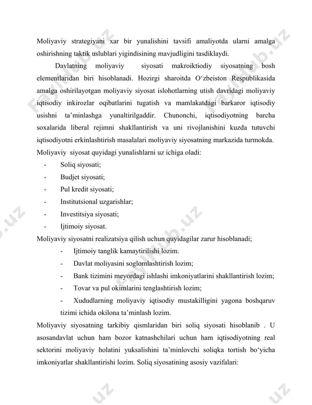 tarkibiy qismlaridan biri sifatida hozirda quyidagi vazifalarni amalga oshirish muhim hisoblanadi: -davlat xarajatlarini iqtisod qilish dasturlarini amalga oshirish; -ijtimoiy islohotlarni amalga oshirishda budjetning rolini mukammallashtirish; -budjet resurslaridan samarali foydalanishning nazorat tizimlarini muhammallashtirish; -budjetning daromadlar va xarajatlar ijrosi tizimlarini takomillashtirish; -mahalliy boshqaruv organlari faoliyatining moliyaviy imkoniyatlarini shakllantirish maqsadida mahalliy budjetlar uchun yaxshi moliyaviy potensialni shakllantirish; davlat karzlarini boshqarish va restrukturizatsiya qilish. pul kredit soxasidagi bugungi kunda mavjud muhim vazifalari quyidagilardir: -bank tizimini restrukturizatsiya qilish jarayonini chukurlashtirish; -banklar uchun joriy etilgan majburiy meyorlarni soddalashtirish va ularni takomillashtirish; -davlatning valyuta zaxiralarini tuldirish va chetga kapitallar okimini hamaytirish; -iqtisodiyotning ustivor soxalarini moliyaviy kullab kuvvatlash uchun imtiyozli kreditlashtirish mexanizmlarini shakllantiri; -moliyaviy bozorlarni shakllantirish va rivojlantirish. moliyaviy siyosatning amalga oshirishda institutsional uzgarishlar muhim rol uynaydi. institutsionla uzgarishlar davlatning boshqarish soxasidagi asosiy vazifalaridan kelib chikadi. ularga quyidagilar kiritiladi: · tashkilotlarning soliqlar bo‘yicha karzlarini kapitalizatsiya qilinishi natijasida davlat korxonalarning aksiyalarini jalb qilinishi; · davlatga tegishli aksiyalar paketini ishonch …