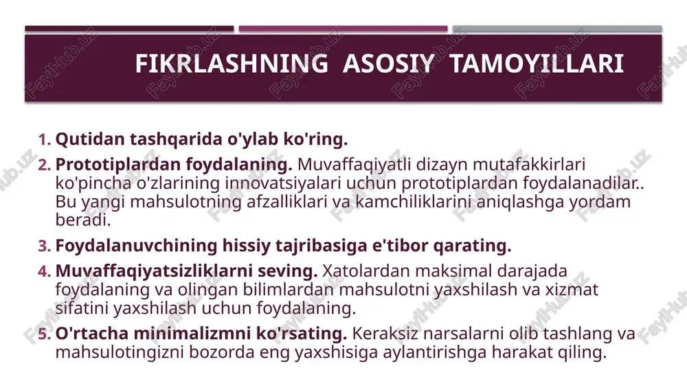 erishdi, ammo biznesda o'z o'rnini egallashga muvaffaq bo'ldi. (ushbu yondashuv sberbank, avito, alfa-bank va boshqalar tomonidan qo'llaniladi.) vtb yangi loyihalarni ishlab chiqishda dizayn fikrlashdan faol foydalanadi. kompaniya o'z mijozlari uchun odatiy kunni batafsil tavsiflovchi iste'molchi sayohat xaritasini yaratdi. kompaniya mijozning ehtiyojlarini aniqladi: (1) uydan ishga borish, kundalik xaridlar, pul o'tkazmalari va to'lovlar uchun kunlik xarajatlarni kamaytirish (2) keraksiz harakatlar va to'siqlarsiz hayotning osoyishtaligi va qulayligi. ushbu sxema asosida vtb o'rnatilgan troyka kartasi bilan super troyka debet mahsulotini ishga tushirdi, bu transport ehtiyojlari uchun 5% gacha naqd pul yig'ish imkonini beradi. e'tiboringiz uchun rahmat ! image1.jpeg image2.jpeg image3.png image4.jpeg image5.jpeg image6.png image7.png image8.png image9.png image10.png image11.png image12.png image13.gif image14.jpeg image15.jpeg 60m pith om3anh \ mbilliiehvie 4 an zn zn ©-®-0-o-®-© (2) ale) — 9 @) 8520 nome 3m, es mo ras eo ) pe =o) aque = frown al ote we, pies o pabotaet vortue = berne cpacetie a /| = …