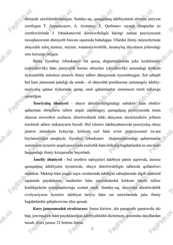 awızeki dóretiwshiligi dástúrleri, zamanagóy ádebiy tájiriybe hám jeke turmıslıq baqlawlar únlesliginde qáliplesken. onıń dáslepki qosıqları xalıqtıń miynet súygishligi, sadıqlıǵı, tábiyat gózzallıǵı hám insanıy mehir haqqında bolǵan. shayır áste-aqırın óz usılın tawıp, zamanagóy turmıstıń quramalı ruwxıy jaǵdayların obrazlar arqalı bildiriwge ótti. usı jaǵınan ol qaraqalpaq poeziyasında subyektivlik lirikanıń jańa basqıshın baslap berdi desek, asıra aytqan bolmaymız. jiyenbay izbaskanov jasaǵan dáwirde qaraqalpaq ádebiyatında kórkem izleniwler kúsheygen, shayırlar jámiyetlik turmısqa belsene aralasqan, xalıq ruwxı hám arzıw-ármanların sáwlelendiretuǵın jańa qaharmanlar payda bolǵan edi. usı ádebiy ortalıq izbaskanov dóretiwshiliginiń qáliplesiwine tikkeley tásir kórsetken. ol óz zamanlasları - óteniyazov, j. yusupov, q. aymuratov sıyaqlı shayırlar menen bir qatarda xalıq dártin, zaman azabın, insan qálbiniń ishki keshirmelerin kórkemlewdiń orayına qoydı. shayırdıń poetikalıq dúnyaqarası óziniń tereń filosofiyalılıǵı, lirizm hám sociallıq ırǵaqtıń úylesimliligi menen ajıralıp turadı. onıń hár bir shıǵarmasında ómirge muhabbat, miynetke húrmet, adamgershilikke hám hadallıqqa shaqırıq sezilip turadı. sonday-aq, izbaskanovtıń poeziyası xalıqlıq ırǵaq, janlı til, milliy tımsallar …