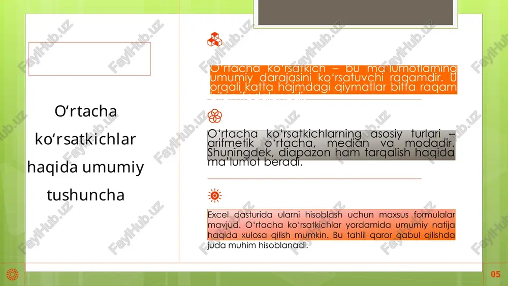 ‘lgan bo‘lishi mumkin. 3. amaliy misol (oylik sotuvlar ma’lumoti) faraz qilaylik, kompaniya 12 oyda quyidagi sotuvlarni amalga oshirdi (mln so‘mda): xulosa tavsiflovchi statistika biznesda juda muhim vosita bo‘lib, u katta hajmdagi ma’lumotlarni qisqa, aniq va tushunarli qilib ko‘rsatishga yordam beradi. * chastotalar taqsimoti va gistogrammalar → sotuvlar yoki mijozlarning xaridlarini oraliqlarga ajratib, eng ko‘p uchraydigan qiymatlarni aniqlash imkonini beradi. * umumiy statistika (o‘rtacha, median, minimal, maksimal, standart og‘ish) → biznes jarayonlarining barqaror yoki o‘zgaruvchanligini ko‘rsatadi. * sotuvlarni tahlil qilish → oylik tushumlarda mavsumiylik, o‘sish yoki pasayish tendensiyalarini ko‘rsatib, qaror qabul qilishda yordam beradi. * mijozlarning xatti-harakatini o‘rganish → kim ko‘p xarid qiladi, kim faol emas, kim esa eng qimmatli mijoz ekanini ko‘rsatadi. * rfm tahlili → mijozlarni segmentlarga ajratib, marketing strategiyalarini moslashtirish imkonini beradi. umuman olganda, tavsiflovchi statistika – biznes qarorlarini qabul qilishda asosiy poydevor bo‘lib xizmat qiladi. u yordamida rahbariyat sotuvlarni, mijozlarni va umumiy faoliyatni yaxshiroq tushunadi, risklarni kamaytiradi …