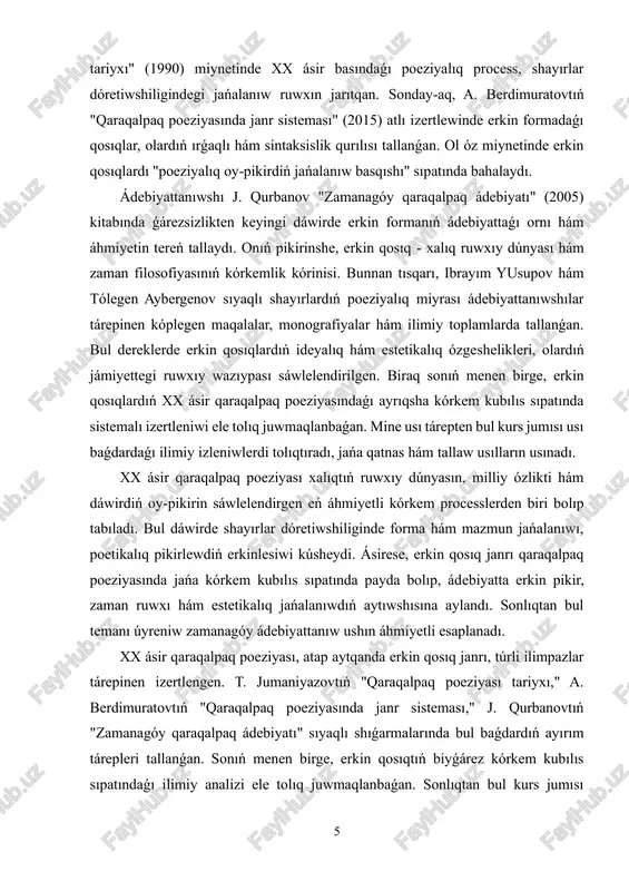 lıq rawajlanıwın úyreniw, milliy kórkem oy-pikirdi tereńlestiriw hám zamanagóy ádebiyatqa jańa ilimiy kózqaraslardı alıp kiriwde áhmiyetli orın iyeleydi. kurs jumısımızdıń strukturası: jumıs kirisiw, altı paragraftı qamtıwshı eki bap, juwmaqlaw hám paydalanılǵan ádebiyatlardıń diziminen, qosımsha slaydlardan turadı. kurs jumısı 33 bettetn ibarat. 7 i bap. xx ásir qaraqalpaq poeziyasíníń uliwma rawajlaníw baǵítlarí. 1.1. xx ásir basındaǵı qaraqalpaq poeziyasınıń estetikalıq tiykarları. xx ásir basındaǵı qaraqalpaq poeziyası xalıqtıń jámiyetlik, siyasiy hám ruwxıy turmısındaǵı túpkilikli ózgerisler menen tıǵız baylanısta qáliplesti. bul dáwirde ádebiyat tek ǵana estetikalıq gózzallıqtı kórsetiw quralı emes, al xalıqtıń arzıw- niyetlerin, erkinlik hám ádillik haqqındaǵı umtılısların kórsetiwshi kúshli sociallıq qubılısqa aylandı. sonlıqtan qaraqalpaq ádebiyatı, atap aytqanda, poeziya óz rawajlanıwında jańa basqıshqa kóterildi. qaraqalpaq ádebiyatınıń bul dáwirdegi eń áhmiyetli ózgesheligi onda milliy oyanıw ideyalarınıń kúsheyiwi bolıp tabıladı. shayırlar xalıq turmısınıń haqıyqatlıǵın, olardıń arzıw-niyetlerin, erkinlikke bolǵan umtılısın bildiriw arqalı óz dáwiriniń ruwxın kórkem tilde sáwlelendire aldı. sonıń menen birge, olar óz shıǵarmalarında aǵartıwshılıq, …