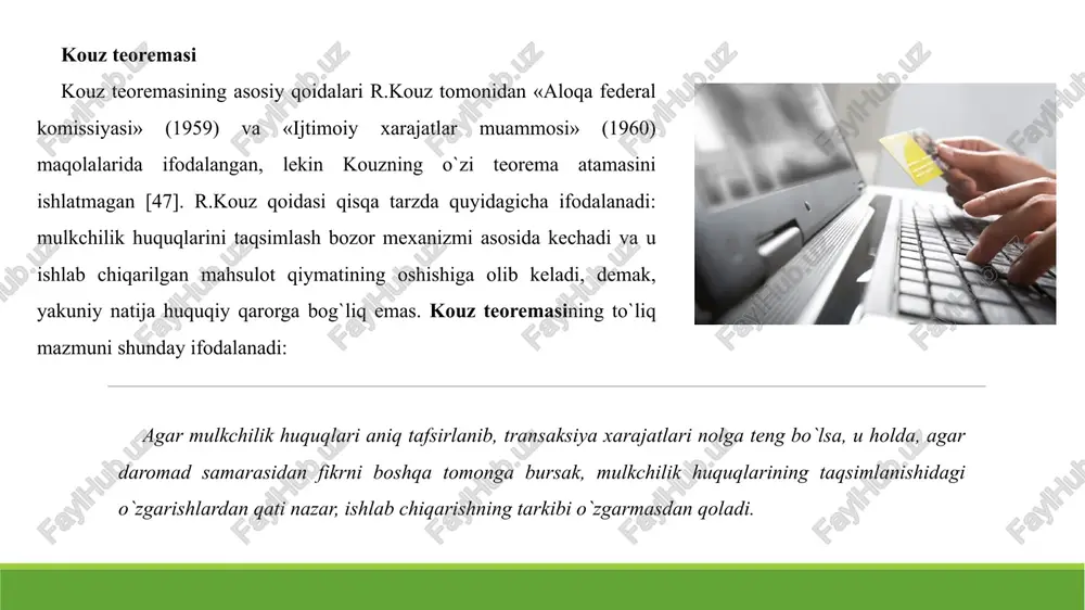 arishlardan qati nazar, ishlab chiqarishning tarkibi o`zgarmasdan qoladi. teoremaning shartining birinchi xususiyatiga ko`ra, transaksiya xarajatlariga e’tibor qaratmagan holda, mulkchilik huquqlarining muayyan egasi haqida emas, balki resurslarga bo`lgan mulkchilik huquqlarini tafsirlashning muhimligi haqida xulosa chiqarish kerak bo`ladi. ikkinchi xususiyat esa, teoremani isbotlash uchun mulkiy xuquqlarning almashinuvi bo`yicha aniq amaliy misollardan foydalanilgan. adabiyotlar: vahobov a. va boshqalar. budjet - soliq siyosati yaxlitligi. o‘quv qo‘llanma. - t.: iqtisod va moliya. 2005.285 b. vahobov a. va boshqalar. moliyaviy va boshqaruv tahlili. darslik. t.: sharq 2005. 220 b. malikov t., xaydarov n. davlat budjeti. o‘quv qo‘llanma, t.: "iqt1sod-moliya", 2007, 84 b. malikov t., xaydarov n. budjet daromadlari va xarajatlari. o‘quv qo‘llanma, t.: "iqtisod-moliya", 2007, 245 b. malikov t., xaydarov n. budjet: tizimi, tuzulmasi, jarayoni. o‘quv qo‘llanma, t.: "iqtisod-moliya", 2008, 84 b. yo‘ldoshev z., malikov t. uy xo‘jaligi moliyasi. o‘quv qo‘llanma, t.: "iqtisod-moliya", 2008, 105 b. neshitoy a.s. finansi. uchebnik.-m.:”dashkov i k”, 2007. 512 s. romanovskiy …