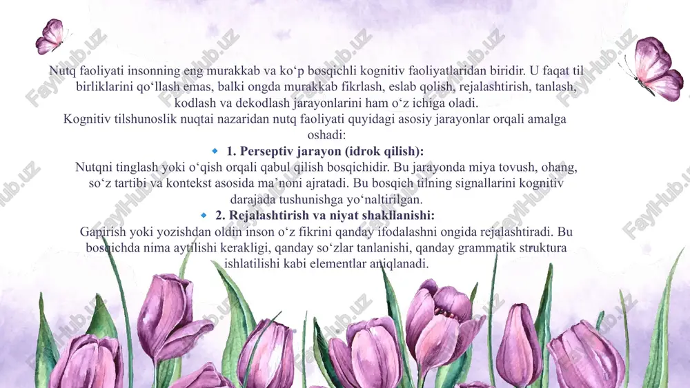 ongda model qiladi va til bilan ifodalaydi. xulosa til va tafakkur o‘rtasidagi murakkab munosabatlarni tushunishda kognitiv tilshunoslik muhim ilmiy yondashuv bo‘lib xizmat qiladi. bu yo‘nalish tilni inson ongida tashkil topgan bilimlar tizimi sifatida o‘rganadi va uni chuqur psixologik hamda neyrobiologik asoslarda tahlil qiladi. tadqiqot davomida quyidagi asosiy xulosalarga kelindi: 🔹 til — tafakkur oynasi: til nafaqat aloqa vositasi, balki inson tafakkurining tashqi ifodasi va bilimlar tuzilmasining ko‘zgusidir. har bir til dunyoni o‘ziga xos tarzda kategoriyalarga bo‘ladi va tasniflaydi. 🔹 kognitiv jarayonlar — nutq asosidir: nutq ishlab chiqish va tushunish jarayonlari xotira, diqqat, idrok, rejalashtirish kabi kognitiv faoliyatlar bilan chambarchas bog‘liq. nutq — tafakkurning real vaqt rejimida namoyon bo‘lishidir. 🔹 kognitiv model — tilni anglash vositasi: til birliklarini tahlil qilishda semantik tarmoqlar, mental modellar va konseptual xaritalar asosida fikrni qanday shakllantirishimiz va ifodalashimiz tahlil qilinadi. bu model tilni chuqur tushunishga imkon beradi. 🔹 zamonaviy tadqiqot usullari — chuqur tahlil kaliti: eeg, …