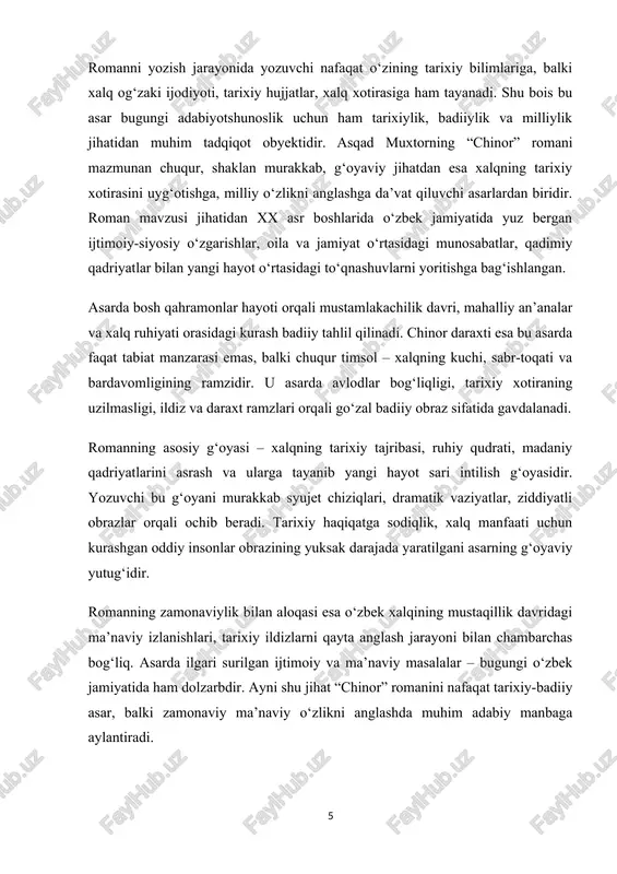 ora sifatida xizmat qiladi — u o‘zbek xalqining bardavomligi, ildizlari chuqur, novdalari keng xalq timsolidir. asarda qahramonlar hayoti tarixiy voqealar bilan uzviy bog‘liq holda bayon etiladi. ularning hayotiy yo‘llari orqali jamiyatdagi ijtimoiy muhit, ma’naviy inqiroz, vaqti-vaqti bilan yuzaga chiqadigan adolatsizlik va unga qarshi kurash g‘oyalari ilgari suriladi. “chinor” romani faqat o‘tmishni tasvirlab qolmasdan, zamonaviylik bilan bevosita bog‘langan. asarda ilgari surilgan qadriyatlar — insoniylik, sabr, e’tiqod, milliy iftixor kabi tushunchalar bugungi jamiyat uchun ham muhimdir. asarning zamonaviylik bilan aloqasi shundaki, u tarixiy haqiqatlar orqali bugungi kunda ham dolzarb bo‘lgan ijtimoiy-axloqiy muammolarni ko‘taradi. mustaqillik yillarida o‘z tariximizga, o‘zligimizga qaytish jarayoni ayni shu asarlarda o‘z ifodasini topadi. yozuvchining badiiy niyati zamon va makondan ustun turib, umuminsoniy qadriyatlar orqali xalq hayotining mazmun-mohiyatini ochishga yo‘naltirilgan. shu bois “chinor” romani nafaqat o‘z davrining badiiy mahsuli, balki bugungi o‘quvchi uchun ham dolzarb, hayotiy, tarbiyaviy ahamiyatga ega adabiy merosdir. adabiy asarning ichki tuzilmasi, voqealarning o‘zaro bog‘liqligi, vaqt va …