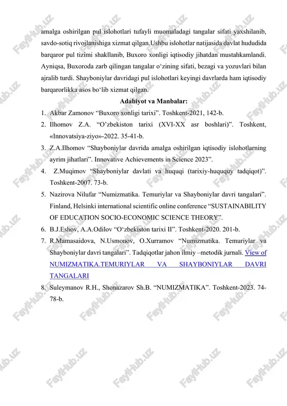n ko‘plab tangalar bosib chiqarila boshladi. ammo buxoro tangasi o‘zining bezagi, yozuvi va sifati bilan ajralib turardi. abdullaxon ii ning pul islohoti muvaffaqiyatli bo‘lib, o‘sha davrdagi pul muomalasini inqirozdan qutqardi [8]. xulosa qilib aytganda, shayboniylar davrida amalga oshirilgan pul islohotlari mamlakat iqtisodiy barqarorligini ta’minlashga qaratilgan muhim choralar edi. temuriylar inqirozidan so‘ng yuzaga kelgan iqtisodiy beqarorlik va tangalarning har xil vaznga ega bo‘lishi savdo-sotiq hamda soliqlar yig‘ilishida jiddiy muammolar keltirib chiqardi.muhammad shayboniyxon 1507-yilda amalga oshirgan islohot natijasida kumush tangalarning vazni oshirilib, pul muomalasi tartibga solingan. biroq uning vafotidan keyin mis tangalarning ortiqcha ko‘payishi iqtisodiy inqirozga sabab bo‘ldi. keyinchalik kuchkunchixon va abdullaxon ii tomonidan amalga oshirilgan pul islohotlari tufayli muomaladagi tangalar sifati yaxshilanib, savdo-sotiq rivojlanishiga xizmat qilgan.ushbu islohotlar natijasida davlat hududida barqaror pul tizimi shakllanib, buxoro xonligi iqtisodiy jihatdan mustahkamlandi. ayniqsa, buxoroda zarb qilingan tangalar o‘zining sifati, bezagi va yozuvlari bilan ajralib turdi. shayboniylar davridagi pul islohotlari keyingi davrlarda ham iqtisodiy barqarorlikka …