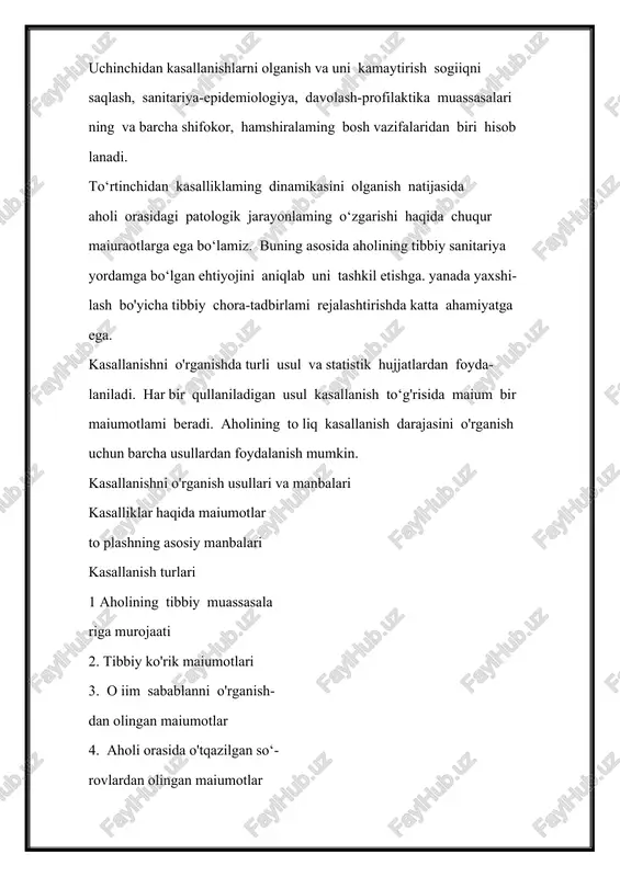 ib bemoming birinchi murojaatida hisobga olinadi. ushbu kasallikni qaytalanishi natijasida joriy-yildagi takroriy murojaatlar kasallanishlarga qo‘shilmaydi. bemor o'tkir kasalliklar bilan yil davomida bir necha bor kasallanishi mumkin. bunday hollarda u har doim yangi sifatidaqayd etiladi. aholining kasallanish darajasini o‘rganish va tasniflashda uchta tushunchadan foydalaniladi: 1. kasallanishning o'zi (birlamchi kasallanish) 2. kasalliklami tarqalish darajasi (umumiy kasallanish) 3. patologik zararlanish (tibbiy ko'rikdan o‘tganlar orasidagi kasal­ lanishi aniqlanish). birlamchi kasallanish - bu 1000 aholiga to'g'ri keladigan yangi kasalliklar sonidir. bu ko'rsatkich qo'yidagicha hisoblanadi: yil mobaynida aniqlangan yangi kasalliklar soni x 1000 x = ~ -----------------------------------------------------------------------------aholining o ‘rtacha yillik soni yangi aniqlangan kasalliklar - bu yil davomida necha marta kelib chiqishidan qa'ti nazar o'tkir kasalliklar va hayotida birinchi bor aniqlangan surunkali kasalliklardir. umumiy kasallaniish - aholi kasallanishini o‘rganishning bir turi bo'lib. ambulatoriya-poliklinika muassasalariga qilingan barcha murojaatlar asosida o'rganiladi. umumiy kasallanishni o'rganishda kuzatuv birligi bo'lib, joriy kalendar yilida ambulatoriya-poliklinika muassasalariga kasallik bo'yicha murojaat etgan yoki uyga …