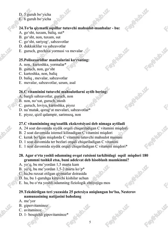 os 29. tekshirilgan teri yuzasida 25 petexiya aniqlangan bo‘lsa, nesterov namunasining natijasini baholang a. me’yor b. gipervitaminoz c. avitaminoz d. 1- bosqichli gipovitaminoz* e. 2- bosqichli gipovitaminoz 30. ovqat ratsionidagi oqsil yog‘ karbonsuvlarning nisbati 1:1:2 bo‘lsa uning sifatiga baho bering. a. oqilona ovqatlanish b. yuqori kaloriyali ovqatlanish c. yog‘lar bo‘yicha ovqatlanish muvozanatlashmagan d. ovqatlanish karbonsuvlar hisobiga muvozanatlashmagan* e. oqsil bo‘yicha ovqatlanish muvozanatlashmagan 31. . ovqatdan zaharlanishlar qaysi guruhlarga bo‘linadi: a. mikrobli va kimyoviy b. bakterial, mikrobli, zamburug‘li c. kimyoviy, mikrobli, zamburug‘li d. mikrobli, mikrobli bo‘lmagan va etiologiyasi aniqlanmagan* e. bakterial, bakterial bo‘lmagan, kimyoviy, zamburug‘li 32. o‘tkir ovqatdan zaharlanish nimadan kelib chiqadi? a. spirtli ichimliklar iste’mol qilganda b. sifatsiz ovqatlarni iste’mol qilganda* c. mahsulotlarni saqlash muddatiga e’tibor berilmaganda d. shaxsiy gigiyena qoidalariga e’tibor berilmaganda e. spiroxeta bilan ifloslangan ovqatni iste’mol qilganda 33.uzoq vaqt davomida oqilona ovqatlanmaslik natijasida kelib chiqadigan kasallik bu-: a. semizlik b. alimentar* c. alimentar marazm d. gipovitaminozlar e. …