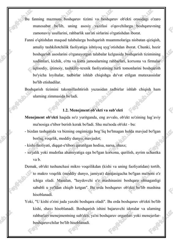 - sistemali-funktsional yondoshuv - sistemali-tarkibiy yondoshuv - sistemali-kommunikatsion yondoshuv 2. komples yondoshuv -boshqariluvchi ob'ekt boshqa ob'ektlar bilan o’zaro bog’lanishda va aloqadorlikda qaraladi 3. tarkibiy yondoshuv -boshqariluvchi ob'ekt tarkibiy qismlarga bo’lib o’rganiladi 4. vaziyat (situatsiya)li yondoshuv -boshqariluvchi ob'ektning konkret sharoitdagi ichki va tashqi vaziyatiga qarab boshqarishning ma'qul uslubi qo’llaniladi 5. integratsion yondoshuv -boshqariluvchi ob'ekt yuqoridagi uslublar (vaziyatli, kompleks, tarkibiy yondoshuvlar)ni birgalikda qo’llash yordamida boshqariladi 6. modellashtirish usuli - boshqariluvchi ob'ektni boshqarish bo’yicha turli sxema, grafik va chizmalar, homaki materiallar tayyorlanadi 7. iqtisodiy-matematik yondoshuv - optimal bozor qabul qilish maqsadida matematik uslublar va hisoblash mashinalarini keng miqyosda qo’llash 8. kuzatish usuli - boshqariluvchi ob'ekt to’g’risidagi ma'lumotlarni rejali, ilmiy, uyushtirilgan asosda to’plash usuli 9. eksperiment (tajriba) usuli - boshqarish jarayonida boshqariluvchi ob'ektga nisbatan namunaviy tajribadan o’tgan usullarni qo’llash 10. sotsiologik kuzatuv usuli - boshqarish maqsadida turli anketali so’rovlar, suhbatlar, testlar, infratuzilmaviy tahlillarni o’tkazish ilmiy jihatdan asoslangan boshqaruv qayd qilingan usullarning hammasidan uzviy bog’liqlikda …