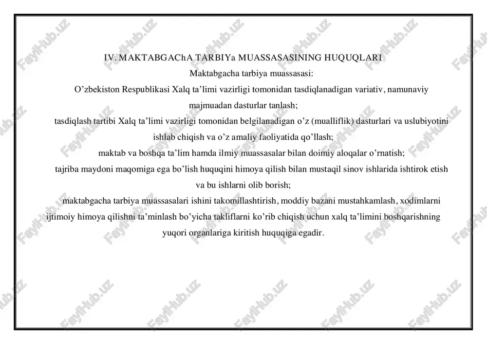 astaligining kichik va pasayib borayotgan shakllari bo’lgan bolalar uchun sanatoriya tipidagi maktabgacha tarbiya muassasalari; tez-tez kasallanuvchi bolalar uchun; virusli gepatit bilan og’rigan bolalar uchun, shuningdek, agar ularga ehtiyoj tug’ilsa, boshqa ixtisosdagi maktabgacha tarbiya muassasalari tashkil etiladi. maxsus maqsadli maktabgacha tarbiya muassasalarini tashkil etish tartibi, ular ishining o’ziga xosligi, ularga qabul qilish qoidalari, bolalar ta’lim-tarbiyasini tashkil etish o’zbekiston respublikasi xalq ta’limi vazirligi va sog’liqni saqlash vazirligi tomonidan tasdiqlangan tegishli yo’riqnomalar va dasturiy-uslubiy hujjatlar bilan belgilanadi. etim bolalar, ota-onasining qarovisiz qolgan bolalar uchun bolalar uylari, mehribonlik uylari, maktab-internatlar huzurida maktabgacha tarbiya guruhlari tashkil etiladi, ularning maqomi tegishli nizomlar asosida belgilanadi. 3. maktabgacha tarbiya muassasasini tashkil etish, qayta tashkil etish va tugatish o’zbekiston respublikasi vazirlar mahkamasi tomonidan tasdiqlangan davlat umumta’lim muassasalarini tashkil etish va tugatish tartibi haqidagi nizomga muvofiq amalga oshiriladi. 4. maktabgacha tarbiya muassasasi quyidagilarga bo’linadi: davlat maktabgacha tarbiya muassasalari (hokimlik qarori bilan tashkil etiladi); idoraviy maktabgacha tarbiya muassasalari (idoralar, korxonalar, muassasalar …
