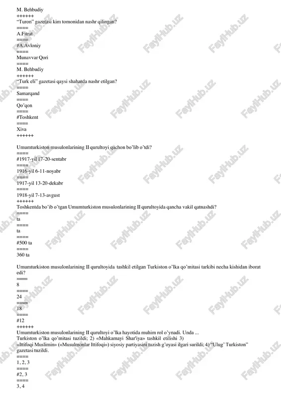 veklarning hokimiyatni egallaganligi bo’ldi ==== buxoro amirligi va xiva xonliklarining tugatilganligi bo’ldi ==== “shoroyi islomiya” va “sho’royi ulamo” jamiyatlarining tashkil etilganligi bo’ldi ==== #turkiston general-gubernatorligi mahkamasining tugatilganligi bo’ldi ++++++ 1917-yilgi fevral voqealaridan so’ng ish boshlagan muvaqqat hukumat kimlardan tuzilgan edi? ==== dehqonlar, ishchilar va quyi tabaqa vakillari ==== #burjuaziya vakillaridan ==== ziyolilar va yuqori tabaqa vakillari ==== faqat rus millatiga mansub aholidan ++++++ turkiston o’lkasidan 1916-yil mardikorlikka zo’rlik bilan olinib, rossiyaning g’arbiy hududlariga safarbar qilingan ko’plab yurtdoshlarimiz qachondan boshlab o’z vataniga qaytib kela boshladi? ==== 1918-yil mart ==== 1918-yil aprel ==== #1917-yil may ==== 1917-yil oktabr ++++++ toshkentda ishchi va soldat deputatlari soveti qachon tashkil etildi? ==== #1917-yil martda ==== 1917-yil iyulda ==== 1917-yil oktabrda ==== 1517-yil fevralda ++++++ “turon” gazetasi qachondan chiqa boshlagan? ==== 1916-yil mart ==== 1918-yil noyabr ==== 1915-yil avgust ==== #1917-yil aprel ++++++ munavvarqorining «hurriyat berilmas, olinur. hech narsa ila ohb bo’lmas, faqat qon va qurbon …