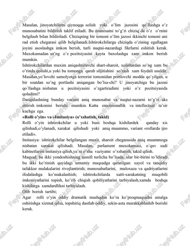 qo’llab-quvvatlash bilan olib borilishi mumkin. bunda reglamentga amal qilish nazorat qilib borilishi kerak. zururat bo’lganda aytilgan muloxazani tuzatish mumkin, lekin bu aytilgan g’oya yoki fikrlarni rivojlantirish, lo’ndalashtirish maqsadida amalga oshiriladi. rolli o’yinlarni olib borish vaqti:20-25daqiqa. imitasiyalashni olib borish vaqii:20-40daqiqa. «har biringiz har biringizga o’rgatasiz» ushbu uslub strategiyasi biror bo’limga kirish yoki o’rganilgan qismlarni umumlashtirish, biror bo’limni yakunlash uchun ishlarni olib borishda qo`llanilishi mumkin. maqsad:ushbu uslub o`quvchilarga ta’lim jarayonida ishtirok etish, sinfdoshlariga o’zi olgan bilimlarni berish imkoniyatini yaratadi. bu uslubni qo`llasho`quvchilarda o’rganishi kerak bo’lgan tushuncha va dalillar yuzasidan umumiy ko’rinishni anglashga imkon beradi: ularda savollarni paydo qilib, qiziqishlarini oshiradi. o’tkazish tartibi: -kartochkalarni tayyorlang. o`quvchilar kartochka bilan tanishib chiqishi lozim. o`qituvchi sinf bo’ylab yurib, o`quvchilarni olgan kartochkadagi ma’lumotga tushunayotganligini tekshirishi kerak. o`qib bo’lishgach, o`quvchilar sinf ichida yurib uchragan xar bir qatnashchilardagi ma’lumot bilan tanishishlarini so’rang. mashq toki xar bir o`quvchi xar bir sinfdosh bilan gaplashib olguncha davom ettiriladi. o`quvchi bir vaqtida faqat …