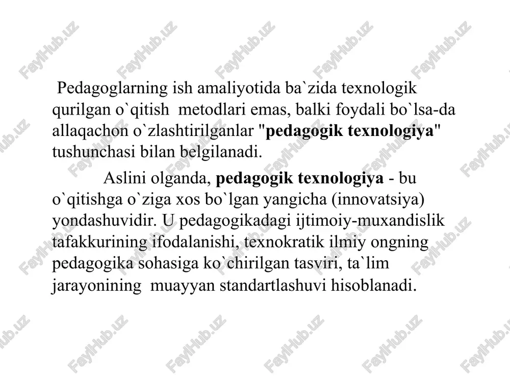 arni aniqlang. pedagogik texnologiyalarning asosiy tushunchalarini tushuntirib bering. pedagogik texnologiyalarning maqsad va vazifalarini tushuntirib beradi. pedagogik texnologiyalarning asosiy tushunchalarini ta`riflang. muammoli ta`lim texnologiyalari haqida qanday tushunchaga igasiz? ta`lim tizimida qo`llaniladigan interfaol usullarning mohiyatini izohlang.