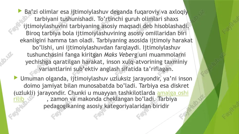 mohiyatini o`zlashtiradi. jamiyatning a’zosi sifatida uning ijtimoiy va iqtisodiy taraqqiyotini ta’minlovchi mehnat faoliyatini yo`lga qo`yadi. shuningdek, shaxsiy ehtiyojlari, manfaatlarini qondirish yo`lida ham atrofdagilar bilan munosabatga kirishadi. shaxs ijtimoiy muhitdan uzilgan holda mavjud bo`la olmaydi. buning misoli sifatida r.kipling tomonidan yaratilgan asardagi mauglini keltirish mumkin. garchi, inson bolasi bo`lsada, ijtimoiy munosabatlar jarayonida ishtirok etish ko`nikma va malakalari shakllanmaganligi bois odamlar hayotiga moslasha olmaydi. /docprops/thumbnail.jpeg