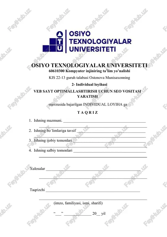 -page seo (ichki optimallashtirish) – saytning o‘zida amalga oshiriladigan optimallashtirish ishlari: · kalit so‘zlardan to‘g‘ri foydalanish; · sahifa sarlavhalari va meta tavsiflarini yozish; · url manzillarni toza va mantiqiy shakllantirish; · kontent sifati va foydalanuvchiga foydaliligi; · rasm va multimedia elementlarini optimallashtirish (alt teglar, fayl o‘lchami). 2. off-page seo (tashqi optimallashtirish) – sayt tashqarisida amalga oshiriladigan seo ishlari: · backlinklar – boshqa saytlardan havolalar olish; · brend va domen obro‘sini oshirish; · ijtimoiy tarmoqlardagi faoliyat; · mahalliy seo va manzilli kataloglarga qo‘shilish. 3. texnik seo – saytning texnik infratuzilmasini optimallashtirish: · sayt xaritasi (sitemap.xml) va robots.txt fayllari; · server javob tezligi (ttfb), mobilga moslik; · ssl sertifikati (https); · kodning tozaligi va optimallashtirilgan css/js fayllar; · 404 sahifalar, canonical urllar, redirectlar. seo ishlari jarayoni 1. tahlil bosqichi – sayt holati, raqobatchilar, kalit so‘zlar va auditoriya o‘rganiladi. 2. strategiya tuzish – seo maqsadlariga mos rejalar ishlab chiqiladi. 3. optimizatsiya qilish – …