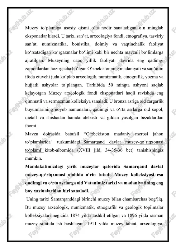 siqa asboblarini yasash kabi badiiy hunarmandchilik turlari keng yoritilgan. xx asrning boshlarida mashhur rossiya zavodlarida ishlab chiqarilgan hamda xx asrning ikkinchi yarmida toshkent va samarqand chinni zavodlarida ishlangan chinni idishlar ham muzey to‘plamlari ichida muhim o‘rin egallaydi. mavzu doirasida batafsil “o‘zbekiston madaniy merosi jahon to‘plamlarida" turkumidagi “samarqand davlat muzey-qo‘riqxonasi to‘plami” kitob-albomida (xviii jild) tanishishingiz mumkin. image4.jpeg image5.jpeg image1.jpeg image2.jpeg image3.jpeg