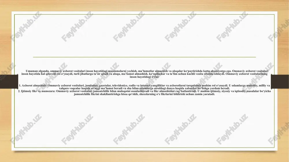 t maydoni. jurnalistika publistikasiz va jurnalistika ish ko‘ra olmaydi, ular bir-bir bilan boglanib ketadi a’zosi, bir-birining tarkibiy qismiga aylanadi. ko‘rinib turibdiki jurnalistika bosh nashriyot kengashi matbuot xizmati-yig‘indisi. axborot tuplash va tarqatishning dastlabki ogzaki (voizlar, jarchilar, choparlar va boshqalar) va yozma (papiruslardagi, e’lon taxtalaridagi va hokazolardagi) na munalari nomuntazam bo’lsa-da, qadim zamonlardan yaxshi ma’lum. jurnalistika xvii asrda iqtisodiy, siyosiy kurash kuchaygan davrda paydo boldi. xix asr oxiri - xx asr boshlarida radiojurnalistika, fotojurnalistika va kinojurnalistika, 40-yillardan telejurnalistika tarmoqlari rivojlandi.turkistonda dastlabki matbuot mahsulotlari xіx asrning ikkinchi yarmida ishlab chiqarila boshladi. ulkada xususiy bosmaxonalar, litografiya va boshka poligrafiya korxonalari tashkil etildi. o‘zbek jurnalistikasining shakllanishida “turkestanskie vedomosti”, “turkiston viloyatining gazeti” kabi rasmiy gazetalar muhim rol o‘ynadi. zokirjon furkat, hamza hakimzoda, sattorxon abdugafforov, abdulla avloniy, sadriddin ayniy kabi ma’rifatparvar adiblar o‘zbek jurnalistikasini rivojlantirishga katta xissa qo‘shdilar. mustaqillik yillarida respublikamizda ommaviy axborot vositalarining jamiyatdagi o‘rni va rolini oshirishga qaratilgan muxim amaliy choralar ko‘rildi. “o‘zbekiston ommaviy axborot …