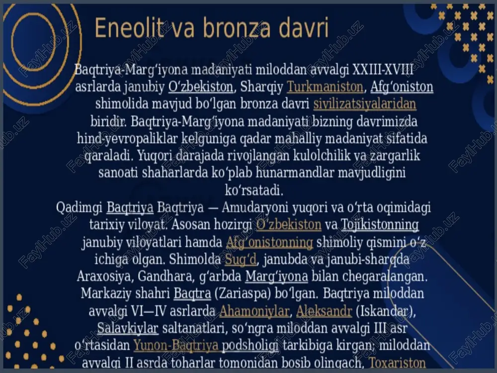 to‘lqini bo‘lishi mumkin. eftaliylar so‘g‘diyona hududini bosib oldilar. 479 yillarda d viloyatini egallab olishgan. 484 yildayog taniqli dori axshunvar sosoniylar podshosi peroz i ni mag‘lubiyatga turk xogonligi ie oer es 8 turk xogonligi markaziy osiyo mintaqasi va unga tutash bir necha . ore o'lkalarni o‘z ichiga olgan yirik saltanat (6—8-asrlar). turk xoqonligi (552— ° 747) — turkiylar tomonidan yevrosiyoda yaratilgan ulkan imperiya. ularga ashina urug‘i boshchilik qilgan. o‘zining eng ravnag topgan davrida oxota dengizidan orim yarimoroligacha, sibirdan hindistongacha bo‘lgan yerlarni boshqargan. o’z davrida ,,o‘n o’q xogonligi” deb yuritilgan g‘arbiy turk xoqonligi istamining o’g‘li tardu xoqon (576—603) sosoniylar eroniga garshi olib borib, g‘arbda o‘z hokimiyatini kuchaytirdi. uning o’g‘li sheg (610—618) davrida xogonlik go‘shinlari jan.g‘arbiy hududlarda’ nufuzini yanada mustahkamlaydi. u hukmronlik qilgan davrda turk xoqonligining chegarasi g‘arb va jan.g‘arbda, jan. sharqiy yevropa dashtlagy e kavkaz, volgabo‘yi, gurgon, marv, hind daryosining yugori havzalari, shi e e hindiston va afg‘onistonning aksariyat viloyatlarini o’z ichiga …