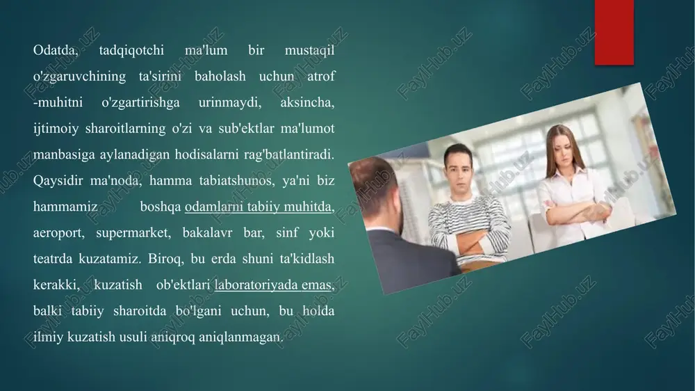 farq qiladi. ko'p yillar davomida amerika qo'shma shtatlaridagi eksperimental psixologlar paradigma bilan mos kelmaydigan tadqiqotlar o'tkazmaganlar, unga muvofiq o'zgaruvchining ta'siri kiritiladi (yoki taxmin qilinadi), so'ngra oqibatlari kuzatiladi. an'anaviy eksperimental dizayn bitta sxemaga amal qildi: hodisalar va ularning oqibatlari o'rtasidagi sabab-oqibat aloqasini o'rnatish. lekin ko'plari bor psixologik muammolar, hal qilish uchun bunday oddiy paradigma samarasiz bo'lib chiqadi, shuning uchun ko'proq mos usullardan foydalanish talab qilinadi. bunday muammolarga pitsburg po'lat ishchilarining iste'molchi talabini, mayami va sietldagi manik depressiya bilan og'rigan odamlarning sonidagi farqni yoki o'tgan asrdagi moda tendentsiyalarini o'rganish kiradi. bu va shunga o'xshash yuzlab mavzular psixologlar uchun katta qiziqish, foyda va ahamiyat kasb etadi va ishonchli natijalarga erishish uchun ularni ilmiy, empirik tarzda o'rganish mumkin. tadqiqotchining vazifasi - qaror qabul qilish va uni oqlash. shuning uchun, eksperimental psixologiya talabasi ma'lum bir eksperimental dizayndan qachon foydalanish mumkinligini (va qachon bo'lmasligini) bilish uchun turli xil tadqiqot usullari bilan tanish bo'lishi juda muhimdir. fanda …