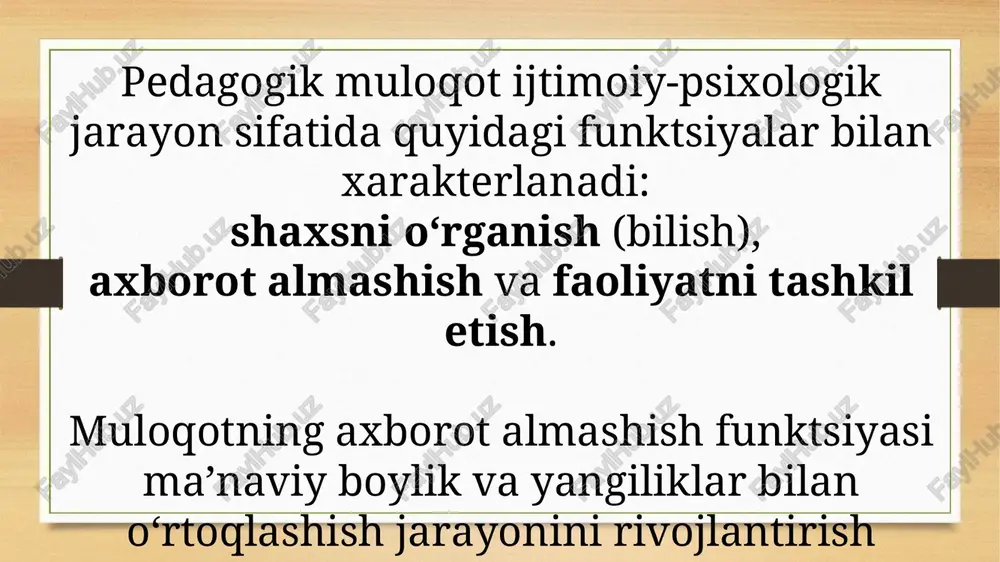 tida ishtirok etishlari bilan ajralib turadi; shahsiy-guruhli–shahsning hulqi guruh qoidalari va umidlariga mos kelmasligi holatlarida yuzaga keladi. pedagogik konflikt–pedagogik jarayonda shahslararo munosabatlarning keskinlashuvi natijasi sifatida yuzaga keluvchi muamoli vaziyatdir. pedagogik konfliktlarning quyidagi shakllari yuzaga keladi: o’quvchi-o’quvchi o’quvchi-o’qituvchi o’qituvchi-o’qituvchi pedagogik nizolarning oldini olish yo’llari pedagog va ta’lim oluvchi pozitsiyalarining to’g’ri kelmasligi ko’p konfliktlarga sabab bo’ladi, shuning uchun konflikt vaziyatlarda qo’llaniladigan sinalgan quyidagi qoidalarni bilish kerak: birinchi qoida. konflikt vaziyatini o’z qo’liga olish. bu emotsional taranglikni bartaraf etishni anglatadi. buning uchun ortiqcha jismoniy zo’riqishdan, ortiqcha hatti-harakatlardan halos bo’lish kerak. mimika, poza, jestlar faqatgina odamning ichki kechinmalarini ifodalab qolmay, unga ta’sir ham ko’rsatadi. shunday qilib, tashqi vazminlik va xotirjamlik! ikkinchi qoida. o’z xatti-harakatlari bilan sherigiga ta’sir ko’rsatish. bunda ishtirokchining yuzini diqqat bilan o’rganib chiqish yordam beradi, fikrni jamlaydi va uning holatini aniqlashga imkon yaratadi. uchinchi qoida. hamsuhbatning xatti-harakatlari motivlarini tushuna olish. aqliy tahlilning ishga solinishi emotsional qizishni pasaytiradi. yaxshisi holatning murakkabligini tushunganligini ifoda …