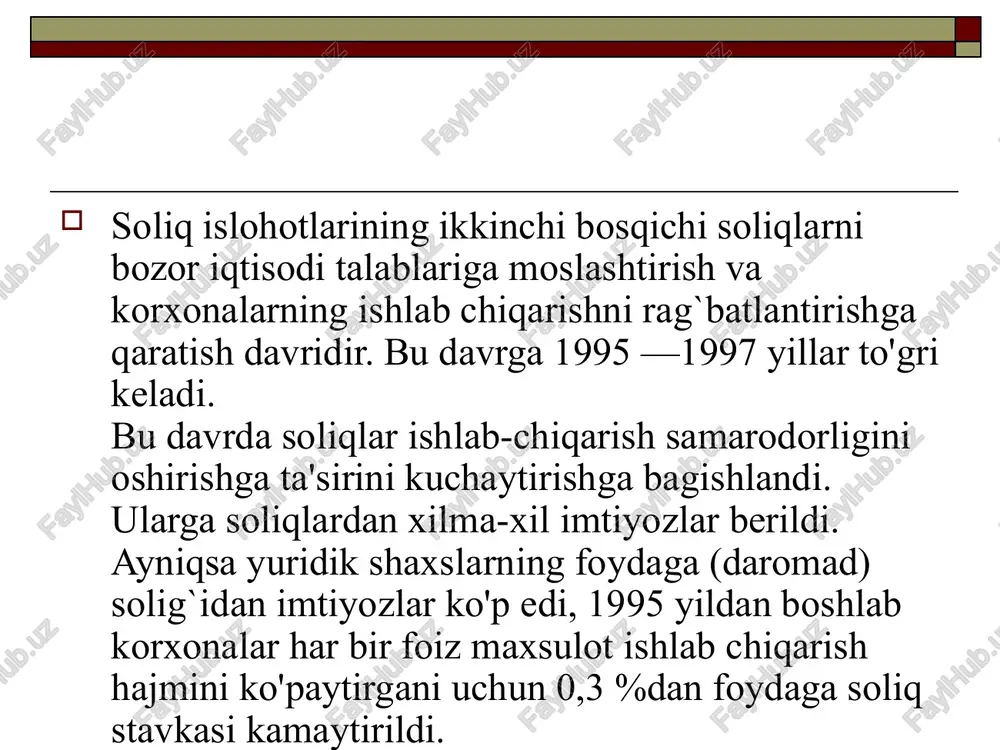 zlari, jarimalari orqali byudjet munosabatlari va ishlab chiqaruvchilarga ta’sir etuvchi asosiy kuch sifatida ishlatiladi. soliqlarning asosiy funksiyalari quyidagilar 1karimov i.a. o'zbekiston iqtisodiy islohotlarni chuqurlashtirish yo'lida. t., o'zbekiston, 1995, 204 b. foydalanilgan adabiyotlar ro'yxati. 1. s. rahmonov "soliq imtiyozi - rivojlanish kafolati" xalq so'zi 2009 - yil 28 -yanvar 2. qudratov botir "soliq va axborot texnologiyalari" xabar 2010 - yil 16 - aprel 3. a. boliyev "soliq sohasidagi dolzarb vazifalar" xalq so'zi 2010 - yil 17 - fevral 4. a. altiyev "soliq qommchiligi yanada takomillashtirildi" xalq so'zi 2010 - yil 15 - yanvar 5. d. ulug'murodov "soliq imtiyozi - manfaatdorlik garovi" hayot maktabi 2009 -yil 5 - mart 6. i. karimov soliq to'lovchining jurnali 2010 -yil iyul 7-son 7. f. bozorov "soliq tizimi orqali tadbirkorlik tuzilmalarining innovatsion -investitsion faolligini rag'batlantirish" b.p.k. jurnali 2010 - yil 9 - son 8. sherzod jalilov "yoqilg'i - energetika korxonalarini soliqqa tortish mexanizmini rivojlantirish yo'llari" b.p.k. …