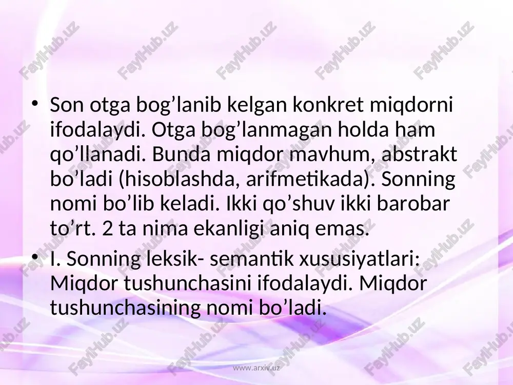 uruhlanish, taqsimlanish miqdorini bildiradi. miqdor songa – tadan qo’shimchasini qo’shib, dona sonlarni takrorlash orqali (beshta – beshta, beshta-beshtadan) hosil qilinadi. www.arxiv.uz www.arxiv.uz tartib son. predmetning joylashish tartibini, sirasini, ish-harakatning bajarilish tartibini bildiradigan sonlar tartib son deyiladi. tartib son arab va rim raqamlari bilan ifodalanadi: 2000 – yil, 2 –sentyabr, xiv bob. tartib son otga bog’lanib kelganda sifatlovchi-aniqlovchi, otlashganda esa to’ldiruvchi, kesim bo’lib keladi. –dan qo’shimchasini olib, kirish so’z vazifasini bajaradi. tartib sonlar ba’zan daraja, nav, tur ma’nolarini bildirib keladi: 1 – sinf xaydovchisi, 2-nav un, 1-tur o’yinlari. www.arxiv.uz www.arxiv.uz sonning tuzilish jihatdan turlari. sonlar tuzilishiga ko’ra 3 xil: 1. sodda sonlar; bir, ming, ellik. 2. murakkab sonlar: bir ming to’qqiz yuz ellik. 3. juft sonlar: besh-olti, o’ttiz-qirq, ming-ming. www.arxiv.uz www.arxiv.uz
