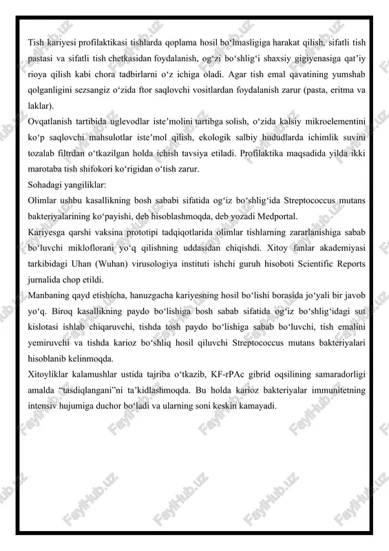 r ushbu kasallikning bosh sababi sifatida ogʻiz boʻshligʻida streptococcus mutans bakteriyalarining koʻpayishi, deb hisoblashmoqda, deb yozadi medportal. kariyesga qarshi vaksina prototipi tadqiqotlarida olimlar tishlarning zararlanishiga sabab boʻluvchi mikloflorani yoʻq qilishning uddasidan chiqishdi. xitoy fanlar akademiyasi tarkibidagi uhan (wuhan) virusologiya instituti ishchi guruh hisoboti scientific reports jurnalida chop etildi. manbaning qayd etishicha, hanuzgacha kariyesning hosil boʻlishi borasida joʻyali bir javob yoʻq. biroq kasallikning paydo boʻlishiga bosh sabab sifatida ogʻiz boʻshligʻidagi sut kislotasi ishlab chiqaruvchi, tishda tosh paydo boʻlishiga sabab boʻluvchi, tish emalini yemiruvchi va tishda karioz boʻshliq hosil qiluvchi streptococcus mutans bakteriyalari hisoblanib kelinmoqda. xitoyliklar kalamushlar ustida tajriba oʻtkazib, kf-rpac gibrid oqsilining samaradorligi amalda “tasdiqlangani”ni taʼkidlashmoqda. bu holda karioz bakteriyalar immunitetning intensiv hujumiga duchor boʻladi va ularning soni keskin kamayadi. image2.jpeg image1.jpeg
