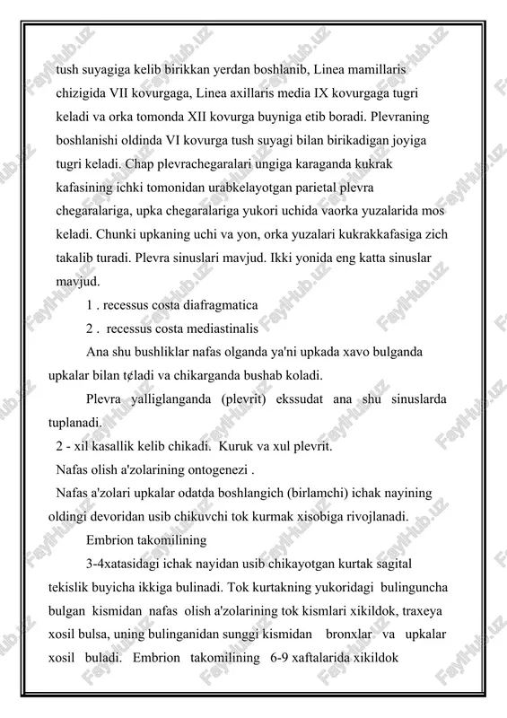 a kuruklikda yashash uchun moslangan ikki xil nafas oluvchi /amfibiya/larni keyinchalik esa fakat kurukda yashovchilar paydo bulgan. kurukda yashovchi jonivorlar suzish pufakchalarining upkaga aylantirish xisobiga avvaliga ichi sillik pufak, upka vazifasining bajarib keladi, sungra nafas olish vazifasini bajaruvchi pufagi ichidagi burmalar xosil buladi. xayvonot zinapoyasidan balandga kutarilgan sari nafas olish organiga aylangan upkaning ichidagi burmalar tabora usib boradida issik konli jonivorlarda upkalar rivojlanib boradi. nafas olish a'zolarining funksional anatomiyasi. uz tarkibida kislorod va azot saklagan tashki muxit xavosi yer yuzasida va suvda yashovchi barcha xayvonlarni xayot kechirishi uchun zarurdir. barcha tirik jonzod anaerob deb ataluvchi mayda mikroblardan tashkari xayot kechirish uchun ovkat, suv katorida kislorod xam sarflaydi. jonzodlarning kislorodga bulgan extiyoji ovkatdan xam, suvdan xam zarurrokdir. tajribalar kursatishicha it ovkatsiz 3 xafta, suvsiz 3 kun, xavosiz 3 minut yashashi mumkun ekan. atmosfera xavosining 1 metrida 200 sm kubga yakin. toza kislorod 1 litr dengiz suvida esa 5 - 7sm kub …
