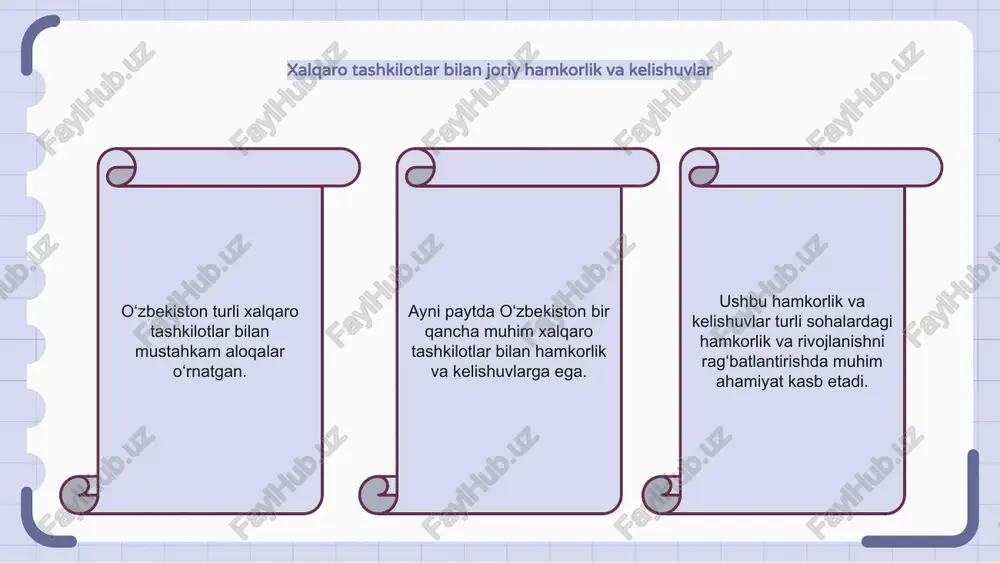laridan foydalana oldi. o‘zbekistonning xalqaro tashkilotlar bilan munosabatlarining istiqbollari o‘zbekiston turli xalqaro tashkilotlar bilan mustahkam aloqalar o‘rnatgan. mamlakat kelgusida ushbu tashkilotlar bilan hamkorlikni yanada chuqurlashtirish va kengaytirishni maqsad qilgan. o‘zbekistonning xalqaro tashkilotlar bilan hamkorligi uning rivojlanishi va tashqi siyosiy maqsadlariga erishishda hal qiluvchi rol o‘ynaydi. e'tiboringiz uchun rahmat