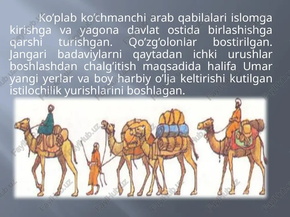 hin va amaldorlar apparatini boshqarishgan. har bir amirning ikki o’rinbosari bor edi. ulardan biri soliqlarni yig’ishga javobgar bo’lsa, boshqasi – qozi – bosh sudya va halifa diniy hokimiyatining vakili edi. abbosiylar davridan e’tiboran halifalikda shariat – musulmon qonunlari majmuasi qaror topgan, har bir musulmon shariat ko’rsatmasiga ko’ra yashashi shart bo’lgan. har bir musulmonning majburiyatlari orasida muqaddas ramazon oyida ro’za tutish ham bor edi. aqidaga ko’ra, shu oydagi kechalardan birida muhammad payg’ambarga birinchi “vahiy” kelgan. butun oy davomida musulmonlar quyosh chiqqandan to uning botgunicha hech narsa emaganlar. makkani ziyorat qilish – haj ham majburiy edi. payg’ambar ummati bo’lgan har bir kishi umrida loaqal bir marta haj qilishi lozim edi. halifalikda soliqning bir necha turi mavjud edi. asosiy soliq zakot hisoblangan. uni barcha musulmonlar to’lashgan. musulmon bo’lmagan aholi jon solig’i to’lagan. nihoyat, har ikkalalari ham halifaga yer solig’i to’laganlar. to’g’ri, musulmonlar uchun uning miqdori boshqa dindagilarga qaraganda ancha kam bo’lgan. bu ko’pgina …