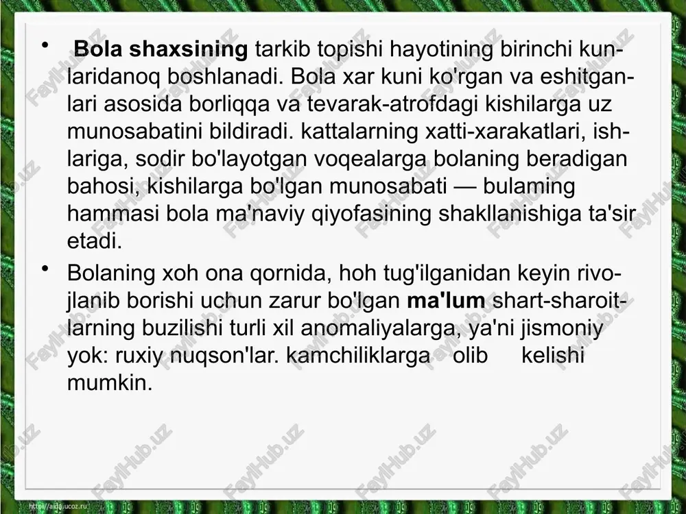 aymiz, chunki uning rivojlanishidagi kamchiliklar organizmdagi qanday bulmasin biror organik yoki funktsional patologik o'zgarishlarga bog'liq bulmay. balki boshqa sabablardan kelib chiqqan. tarbiyachi va o’qituvchilar bunday bolalarni anomal bolalardan farqlay oladigan bo'lishlari kerak. kelib chiqish sabablariga ko'ra xar qanday anomal rivojlanish tug'ma yoki turmushda orttirilgan bo'lishi mumkin. tug'ma anomaliyalar ko'p jihatdan xomilador onaning sog'lig'i va yashash sharoitiga bog'liq. ona qornidagi xomilaning rivojlanishiga infektsiya, intoksikatsiya, shikastlanish va boshqa omillar ta'sir etishi mumkin. onaning xomiladorlik davrida turli xil kasalliklar bilan og'rishi, o'zboshimchalik bilan turli dori darmonlarni bilar-bilmas iste'mol qilishi bolaning anomal bo'lib tug'ilishiga sabab bo'lishi mumkin. tug'ma anomaliyalar genetik. ya'ni irsiy omillar ta'siriga ham bog'liq bo'lishi mumkin. masalan eshitish, ko'rish analizatori faoliyatining buzilishi, aqliy zaifliklming nasldan bolaga o'tishi ham kuzatiladi (daun kasalligi. rezus faktorning mos kelmasligi va boshqalar). ota-onalarning alkogolizmi. narkomaniyasi. toksikomaniyalari ham bolaning anomal bo'lib tug'ilishiga olib kelishi mumkin. turmushda ortirilgan anomaliyalar bola organizmiga tug'ilish vaqtida va undan keyingi davrlarda zararli omillar …