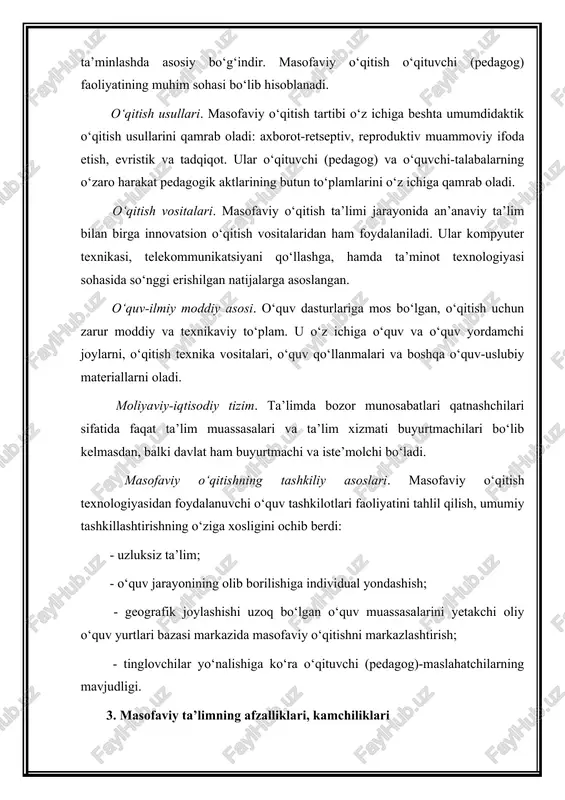 edagog)lar yetarli darajada tayyor bo‘lishlari, ya’ni masofaviy o‘qitishni o‘rganish usullaridan, vositalaridan va tashkiliy shakllaridan foydalana bilishlari kerak. shuning uchun ham fundamental informatika tabiiy-ilmiy fan sifatida masofaviy o‘qitishning ajralmas qismi bo‘lishi shart. oliy ta’lim sohasidagi o‘qitish usullari zamonaviy axborot vositalari bilan boyitilishi natijasida ta’lim sifatining yanada ortishi kutilmoqda. bu borada masofaviy o‘qitish usuli o‘qituvchi (pedagog) va o‘quvchi-talabalar uchun ham qator qulayliklarga egaligi bilan alohida ahamiyatga egadir. internet, multimedia kabi texnologik usullar o‘quvchi-talabalar uchun zarur bo‘lgan o‘quv materiallari, qo‘llanmalar asosida kompyuter dasturlari ishlab chiqish vazifasini qo‘ymoqda. zero, masofaviy o‘qitish har qanday sohada ham jahon ta’lim markazlarining uslubiy adabiyotlari, zamonaviy hamda so‘nggi axborotlarni olish, jamlab foydalanish imkoniyatlarini beradi. masofaviy o‘qitish usuli an’anaviy ta’lim shakllaridan farq qiladi. u o‘quvchi-talabalarni o‘ziga qulay vaqtda, joyda va sharoitda o‘qitish imkonini beradi. o‘quv kursiga bog‘liq bo‘lmagan holda shaxsiy va guruh talabi asosida o‘quv rejalari ishlab chiqiladi. o‘qitish jarayonida o‘quvchi-talabalarga ilmiy axborot va ma’lumotlar bo‘yicha markazlashgan tarmoq orqali o‘zaro …