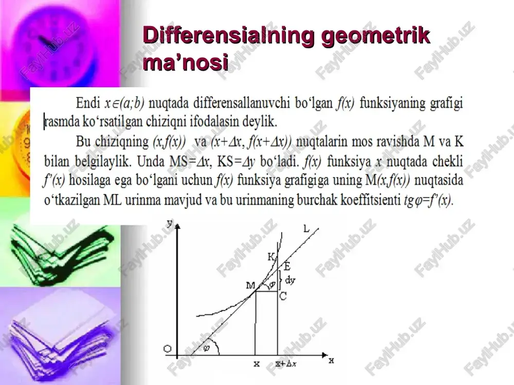 li ifodalaymiz, ya’ni t=@;(x), (bu erda t=@;(x) funksiya x=¢(t) funksiyaga nisbatan teskari funksiya) va uni y=y(t) ifodaga qo‘yamiz. u_ holda v=vw(91(%)) =f) bo‘ladi, ya’ni y o‘zgaruvchi x argumentning funksiyasi sifatidagi ifodasi hosil bo‘ladi. ay, faraz qilaylik x argumentning y funksiyasi quyidagicha f =9(t), 2) y=v(t), @stsp parametrik tenglamalar bilan berilgan bo‘lsin. agar x=9(t) funksiya teskarilanuvchi bo‘lsa, ya’ni t=@;(x) mavjud bo‘lsa, u holda y=y(t) tenglamani y=y(g,(x)) ko‘rinishda yozib olish va y=w(g;(x)) funksiyaning hosilasini topish masalasini qarash mumkin. odatda bu masala parametrik tenglamalar bilan berilgan funksiyaning hosilasini topish masalasi deb ham yuritiladi. teorema. aytaylik g(t) va y(t) funksiyalar [a;6] da uzluksiz va (a:8) da differensiallanuvchi hamda g’(z) shu intervalda ishorasini saqlasin. agar x=9(t) funksiyaning giymatlar to‘plami [a,b] kesma bo‘lsa, u holda x=9(t), y= y(t) tenglamalar [a,b] da uzluksiz, (a,b) da differensiallanuvchi bo‘lgan v=f(x) funksiyani aniqlaydi va prey 3 vo mlo) on) (93) formula o‘rinli bo‘ladi.