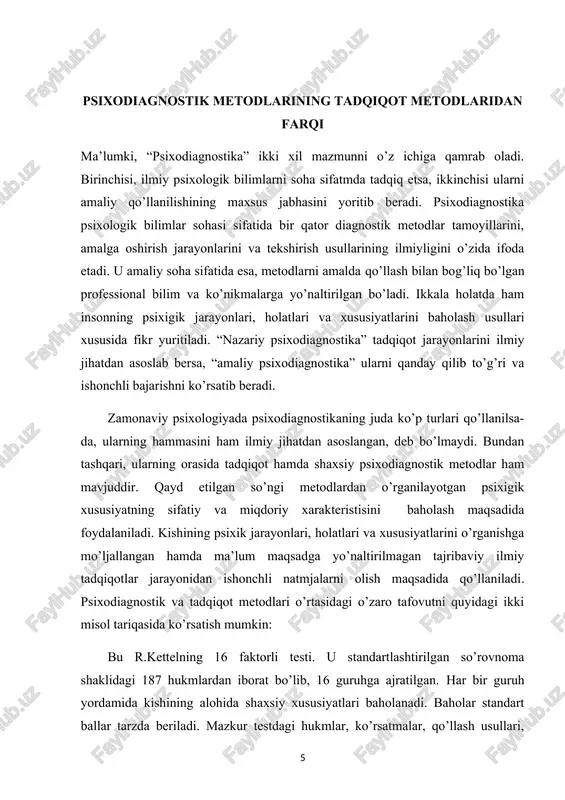 ida, ya’ni uning ishtirokchilari yordamida xulq-atvorni kuzatish orqali sinaluvchining o’rganilayotgan xususiyatlari haqida xulosa chiqaradi. psixodiagnostik metodlari klassifikasiyasining mezonlari va asoslari y uqorida tasvirlangan psixodiagnostik metodikalar guruhiga asoslanib, ularning yanada kengroq yoritilgan klassifikasiyasini umumiy kriteria (mezon)larini ajratish mumkin. bu esa quyidagi mezonlarga bo’linadi: · test vazifalari qo’llaniladigan metodika tiplari; · metodikada qo’llaniladigan test materiallari adresati; · sinaluvchi kishilar tomonidan test materiallarining tasavvur qilinish shakli; · psixodiagnostik xulosalar uchun qo’llaniladigan ma’lumotlar xarakteri; · metodikalardagi test normalarning mavjudligi; · metodikalarning ichki tuzilmasi. test vazifalarining qo’llanilish tiplariga qarab psixodiagnostik metodikalar: · so’rovnomali (sinaluvchilarga qaratilgan savollar); · ta’kidlovchi (sinaluvchiga berilgan hukm va xulosalardan o’z fikriga mosini tanlash bilan bog’liq bo’lgan); · mahsuldorli (sinaluvchining ijodiy mahsuldorligini biror-bir ko’rinishi: verbal, obrazli, materialli); · harakatli (sinaluvchining bir qancha harakatlarni bajarishi bilan bog’liq topshiriqlar); · fiziologik (psixodiagnostika kishining ixtiyorsiz fiziologik va fizik reaksiyalarga ta’siri asosida amalga oshadi) kabi tiplarning farqlanishi.; test materiallarining adresati asosida psixodiagnostik metodlar: · anglangan (kishi …