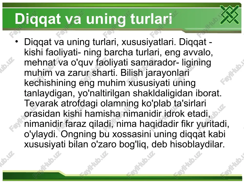 a kerak bo`lganda qayta esga tushiriladi. odamda tasavvurlarning mavjudligi bizning idrokimiz miya po`stlog`ida qandaydir izlar qoldirilishidan, ular ma’lum vaqt davomida miyada saqlanib turishidan dalolat beradi. o`tmish tajribamizda nimaiki hodisa yuz bergan bo`lsa, shuni esda olib qolish, esda saqlash va keyinchalik esga tushirishi yoki tanish xotira deb aytiladi. agar odamlar o`zlarining o`tishish tajribalarini esda saqlay olmasa va qayta tiklash qobiliyatiga ega bo`lmasa bilimlarni egallashning har qanday imkoniyatidan mahrum etilgan va ularning aqli darajasida qolavergan bo`lar edi. shu sababdan ham har bir odamning vazifasi o`z xotirasini boyitishdan iboratdir. esda olib qolish jarayonida odamda bir narsa yoki hodisa bilan boshqa narsa yoki hodisa o`rtasida o`zaro aloqa bog`lanadi. diqqatning biror narsaga qaratishi ob’ektga bog`liq holda diqqatning namoyon bo`lishini quyidagi shakllarini; sensor, aqliy, harakatlantiruvchi shakllarni ajratib ko`rsatadilar. hozirgi vaqtda sensor (ko`rish va eshitish) diqqati ko`proq o`rganilgandir. diqqatning fiziologik asoslarini tushunib etishga buyuk rus fiziologlari i.p.pavlov va a.a.uxtomskiylarning ilmiy ishlari katta ahamiyatga ega. nerv sistemasining alohida …
