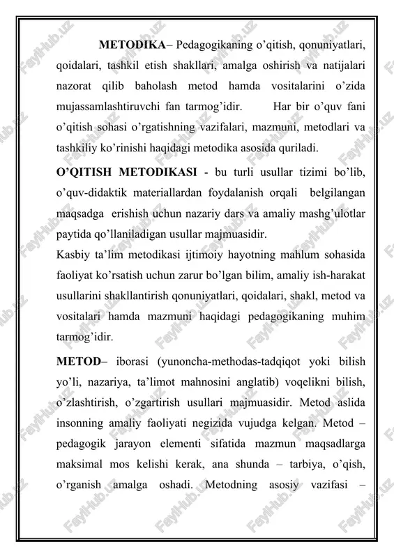 ndan belgilangan mezonlar asosida ulchash, natijalarni aniklash va taxlil kilishdan iborat jarayondir. kasb- muayyan bilim va mahorat talab etadigan mehnat faoliyati turi. kasb-hunar sirlarini egallashga umumiy hamda maxsus mahlumot hamda amaliy ish-harakat usullarini o’zlashtirish orqali erishiladi. kasb o’ziga mehnat faoliyatining tor doirasi bilan xarakterlanuvchi ixtisosliklarni mujassamlashtiradi. bahzi kasblarda bir qancha ixtisosliklar mavjud bo’lishi mumkin. masalan, o’qituvchilik kasbi o’qitiladigan o’quv predmetlariga binoan: umumta’lim, umumtexnik, maxsus fanlar o’qituvchisi bo’lishini ko’rsatishi o’zi kifoya. kasb va ixtisos shaxsning muntazam ravishda mahlum turdagi ish bilan shug’ullanishini ifodalaydi. respublikamiz fuqarolariga kasb va ixtisos tanlashlariga keng imkoniyatlar yaratilgan. adabiyotlar 1. k.t.olimov, o.a.abdukuddusov, l.p.uzokova, m.m.axmedjonov, d.f.jalolova. kasb ta’limi uslubiyoti. toshkent, 2006. 2. s.ya. batqshev. professionalg’naya pedagogika. “professionalg’naya obrazovanie”. moskva. 1997. 511 s. 3. ilg’or pedagogik texnologiya: nazariya va amaliyot “ma’naviyat asoslari” darsi asosida ishlangan uslubiy qo’llanma. “abu ali ibn sino”. toshkent. 2001. - 80 b.