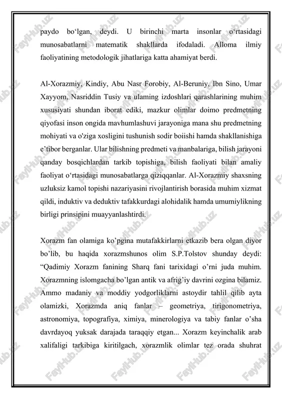boshlagan xayrli ishlaridan biri “donishmandlik uyi” (“bayt ul-hikma”)ni qayta tashkil qilish va kengaytirishga katta e’tibor berdi. bu ilmiy markaz qoshida ulkan kutubxona mavjud bo’lib, unga xalifalikning hamma joyidan faqat arab tilidagi qo’lyozmalar emas, balki yunon, fors, hind, suryoniy va boshqa tillarda yozilgan qo’lyozmalar ham keltirilar edi. xalifa al-ma’munning tirishqoqligi va olimlarning say’i-harakatlari bilan ularni asosiy qismi arab tiliga tarjima qilindi va yirik rasadxona qurilishi boshlab yuborildi. dunyoning turli burchaklariga ilmiy ekspeditsiyalar tashkil qilindi, al-ma’mun bu ilmiy markazda va xalifalikdagi barcha fanlar rahbari qilib vatandoshimiz muhammad ibn muso al-xorazmiyni tayinladi. viii-ix asrlarda arab xalifaligining poytaxti bag’dod –tarixiy madinat as-salom obodonlashgan, yuksalgan va savdo-sotiq rivojlangan shahar hisoblangan. al-xorazmiyning ilmiy faoliyati ana shu bag’dod shahrida va bag’dod xalifalari –al- ma’mun (813-833), al-mu’tasim (833-842) hamda al-vosiq (842-847) davrlariga to’g’ri keladi. “bayt al-hikma”da al-xorazmiy bilan birga markaziy osiyolik mashhur olimlar al-farg’oniy, habash al-hasib, xolid ibn abdumalik al- marvarrudiy, yahyo ibn abu mansur, abbos ibn sayid …