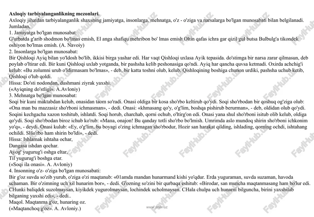 b: «bu zolumni urub o'ldirmasam bo'lmas», - deb, bir katta toshni olub, kelub, qishloqining boshiga chunon urdiki, pashsha uchub ketib, qishloqi o'lub qoldi. hissa: do'sti nodondan, dushmani ziyrak yaxshi. («ayiqning do'stligi». a.avloniy) 3. mehnatga bo'lgan munosabat: soqi bir kuni maktabdan kelub, onasidan taom so'radi. onasi oldiga bir kosa sho'rbo keltirub qo'ydi. soqi sho'rbodan bir qoshuq og'ziga olub: «ona man bu mazzasiz sho'rboni ichmasman», - dedi. onasi: «khmasang qo'y, o'g'lim, boshqa pishirub berurman», - deb, oldidan olub qo'ydi. soqini kechgacha xazon toshitub, ishlatdi. soqi horub, charchab, qorni ochub, o'ltirg'on edi. onasi yana shul sho'rboni isitub olib kelub, oldiga qo'ydi. soqi sho'rbodan biroz ichub ko'rub: «mapa, onajon! bu qanday totli sho'rbo bo'lmish. umrimda aslo mundoq shirin sho'rboni ichkonim yo'q», - deydi. onasi kulub: «ey, o'g'lim, bu boyagi o'zing ichmagan sho'rbodur, hozir san harakat qilding, ishlading, qorning ochdi, ishtahang ochildi. sho'rbo ham shirin bo'ldi», - dedi. hissa: ishlamak ishtaha ochar, dangasa ishdan qochar. …
