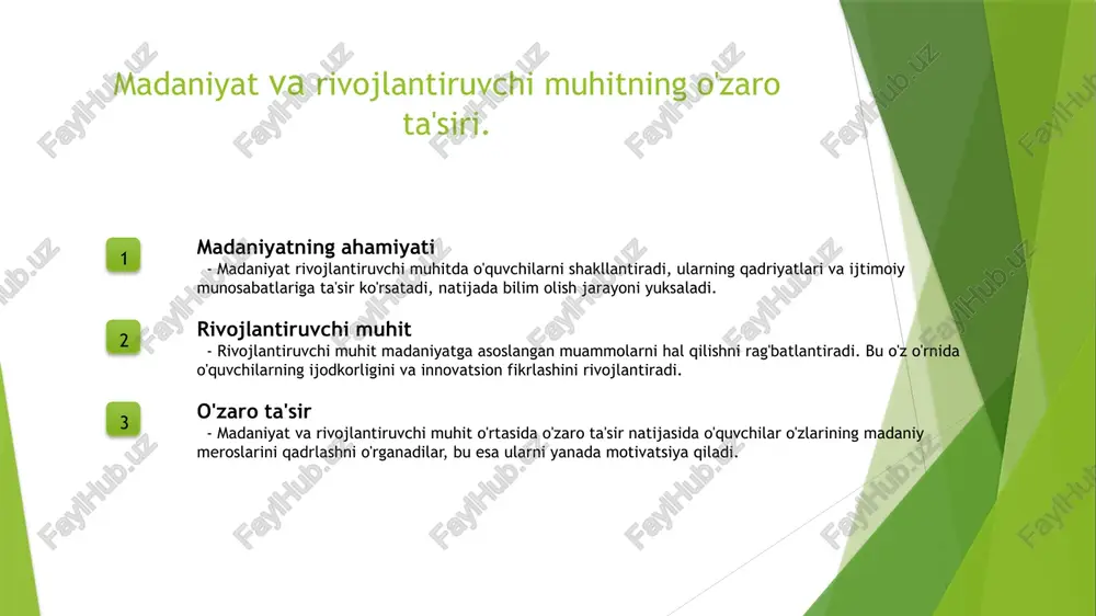 i, bu esa turli ijtimoiy guruhlar o'rtasida hamjihatlikni ta'minlaydi va barqarorlikni oshiradi. 3 innovatsion yondashuv madaniyat va ta'limda innovatsion yondashuvlar, ijtimoiy rivojlanishni jadallashtirishga yordam beradi, yangi g'oyalar va metodlarni ishlab chiqish orqali. ta'lim jarayonida madaniy qadriyatlarni saqlash va rivojlantirish. 1 madaniyat va ta'lim madaniyat o'qitish jarayonida muhim ahamiyatga ega. u o'quvchilarga o'z identifikatsiyasini shakllantirishda yordam beradi va qadriyatlarni saqlaydi. 2 qadriyatlarni saqlash ta'lim jarayonida madaniy qadriyatlarni saqlash, o'quvchilarning tarixiy va madaniy merosini anglashlarini ta'minlaydi, bu esa ularning shaxsiy o'sishiga yordam beradi. 3 innovatsion yondashuvlar madaniy qadriyatlarni rivojlantirish uchun innovatsion yondashuvlar, masalan, interaktiv ta'lim usullari va madaniy tadbirlar, o'quv jarayonini boyitadi. 4 ta'lim va jamiyat madaniyatni saqlash va rivojlantirish, ta'lim tizimi orqali jamiyatning ijtimoiy rivojlanishiga hissa qo'shadi, bu esa barqaror kelajakni ta'minlaydi. xulosa 1 rivojlantiruvchi muhitning ahamiyati rivojlantiruvchi muhit, o'qitish jarayonini samarali amalga oshirishda muhim rol o'ynaydi, sharoitlar o'sish va rivojlanish uchun zarurdir. 2 madaniyat va ta'lim o'rtasidagi bog'lanish ta'lim jarayonida …