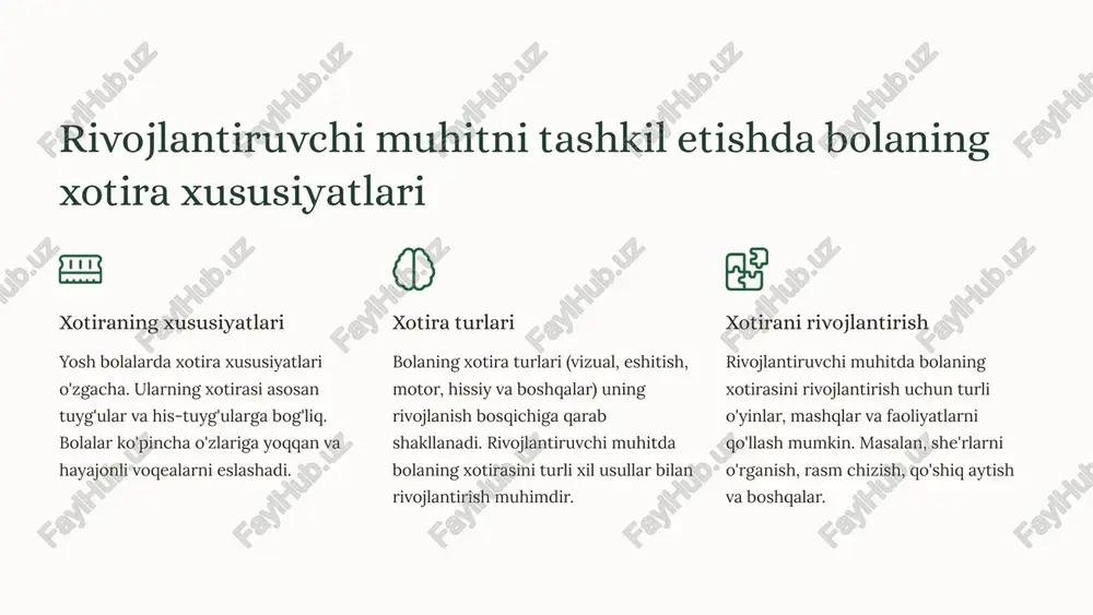 9 rivojlantiruvchi muhitni tashkil etishda bolaning his-tuyg'ulari va emotsional xususiyatlari bolalarning hissiy holati bolalarning his-tuyg'ulari va emotsional rivojlanishi ularning ijtimoiy va shaxsiy rivojlanishida muhim rol o'ynaydi. ijtimoiy muhitdagi turli vaziyatlarga qarab bolalar turli his-tuyg'ularni boshdan kechiradi. bu his-tuyg'ular ularning xatti-harakatlari va muloqotlariga ta'sir qiladi. bolalarni o'z his-tuyg'ularini anglab yetishga va ularni to'g'ri ifoda etishga o'rgatish muhimdir. emotsional rivojlanish bolalarning emotsional rivojlanishi ularning yoshi va tajribalariga bog'liq. yosh bolalar odatda o'z his-tuyg'ularini boshqara olmaydilar va ularni osonlikcha ifoda etishadi. yosh ulg'aygan sayin, bolalar o'z his-tuyg'ularini boshqarishga va ularni ijtimoiy qabul qilinadigan tarzda ifoda etishga o'rganadilar. rivojlantiruvchi muhit bolalarning emotsional rivojlanishi uchun qulay sharoitlarni yaratishga yordam beradi. 10 rivojlantiruvchi muhitni tashkil etishning didaktik prinsiplari faollik va mustaqillik didaktik prinsiplar bolaning faol o'rganish jarayoniga yo'naltirilgan. bu, o'quvchilarni mustaqil fikrlash, izlanish va o'z bilimlarini qo'llashga rag'batlantirishni o'z ichiga oladi. shaxsiylashtirish har bir o'quvchining o'ziga xos xususiyatlarini hisobga olish va individual ehtiyojlarini qondirishga yo'naltirilgan. o'qituvchilar …